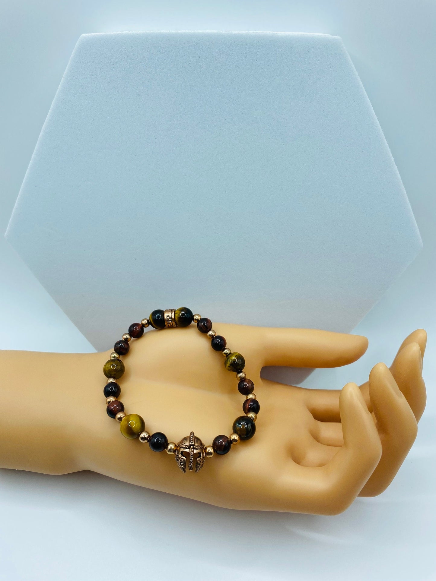 Rose Gold Spartan Helmet Bracelet: Tiger's Eye Gemstone Beaded Bracelet