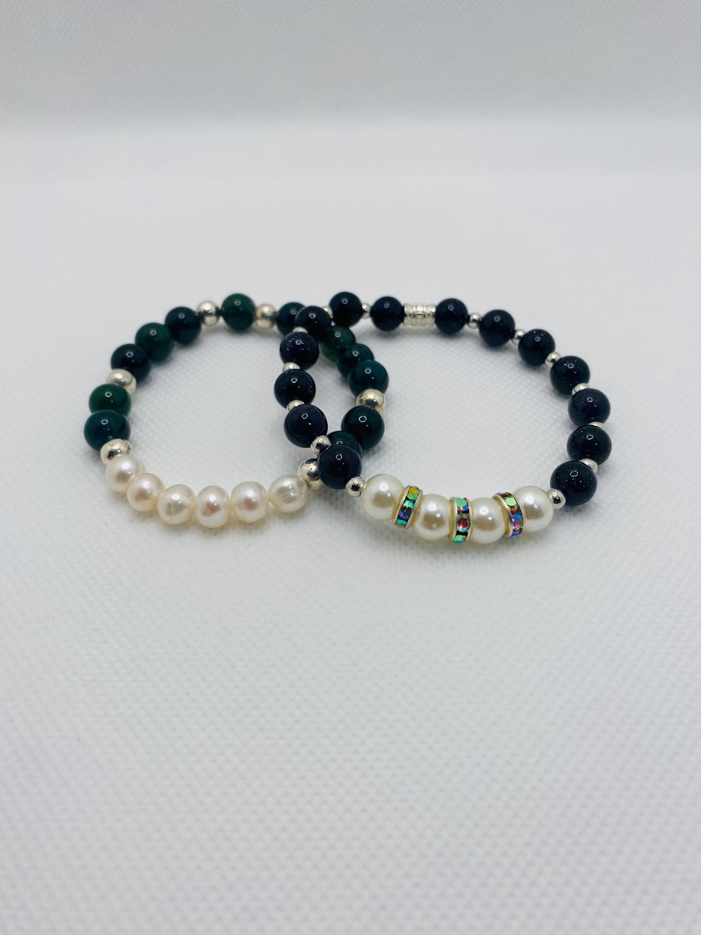 Handmade Pearl Bracelet Set: Moss Agate & Blue Sandstone Beads