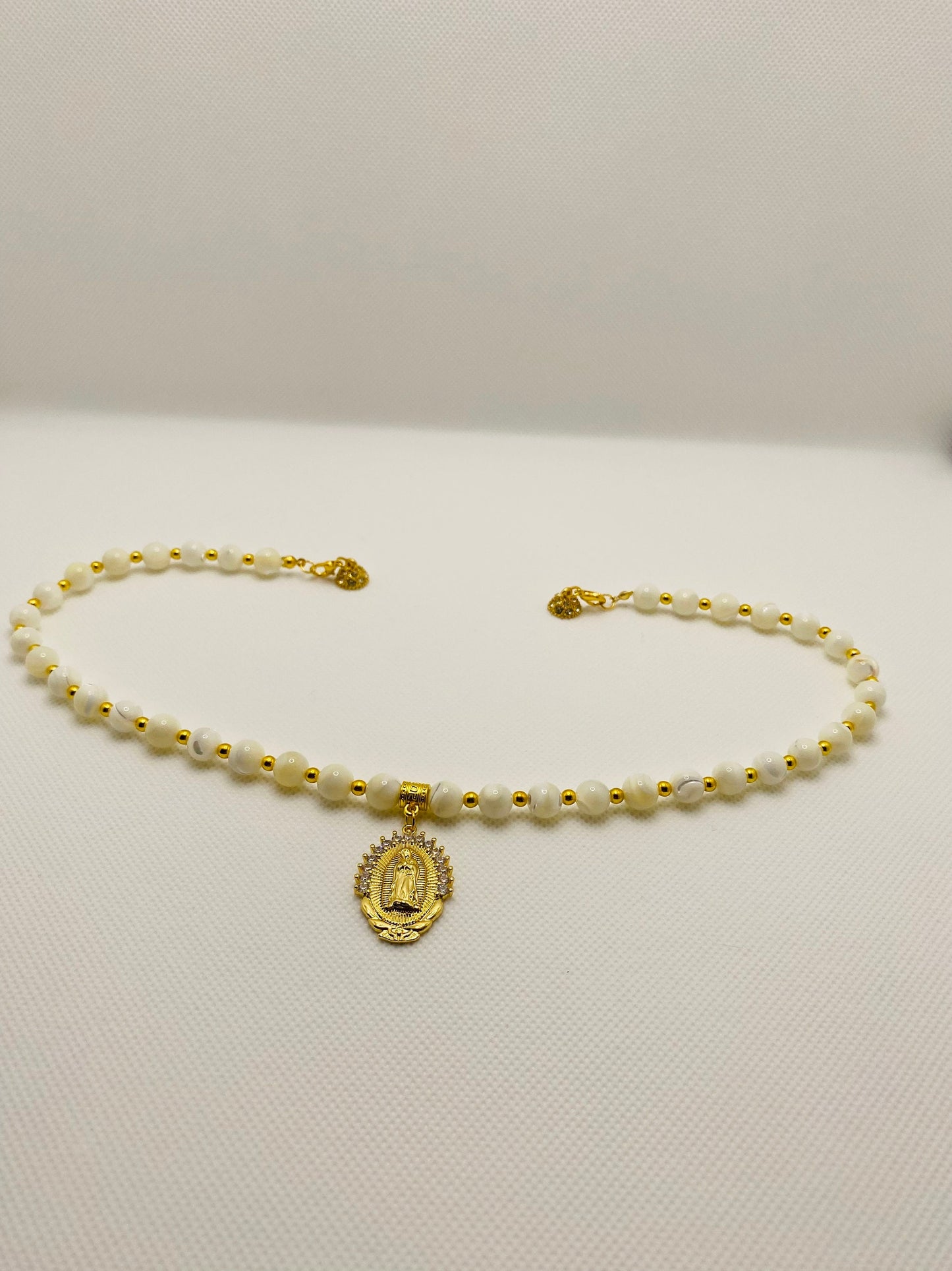 Mother of Pearl Necklace: Virgin Mary Pendant, Gold Stainless Steel