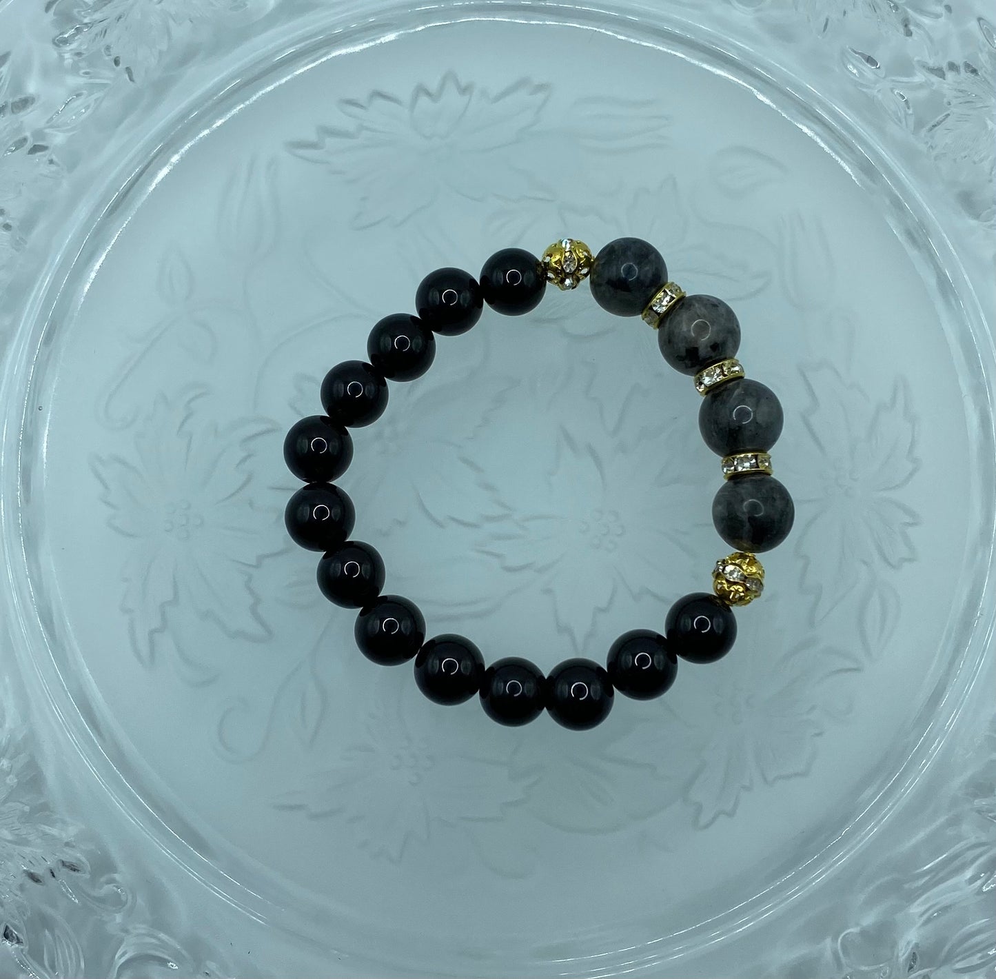 Labradorite & Black Onyx Beaded Bracelet: 18k Gold Rhinestone Rondelles