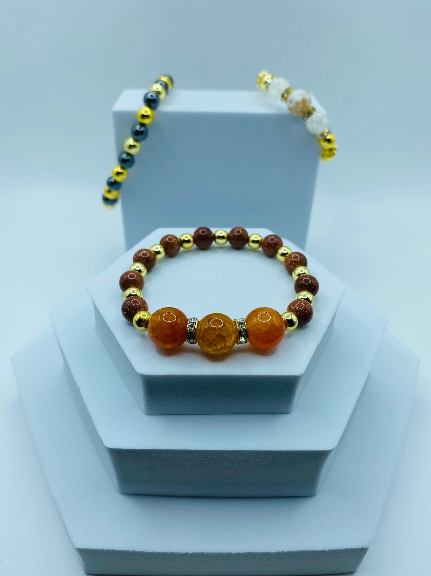 Handmade Orange Jade Bracelet: Goldstone & Gold-Plated Hematite Beads