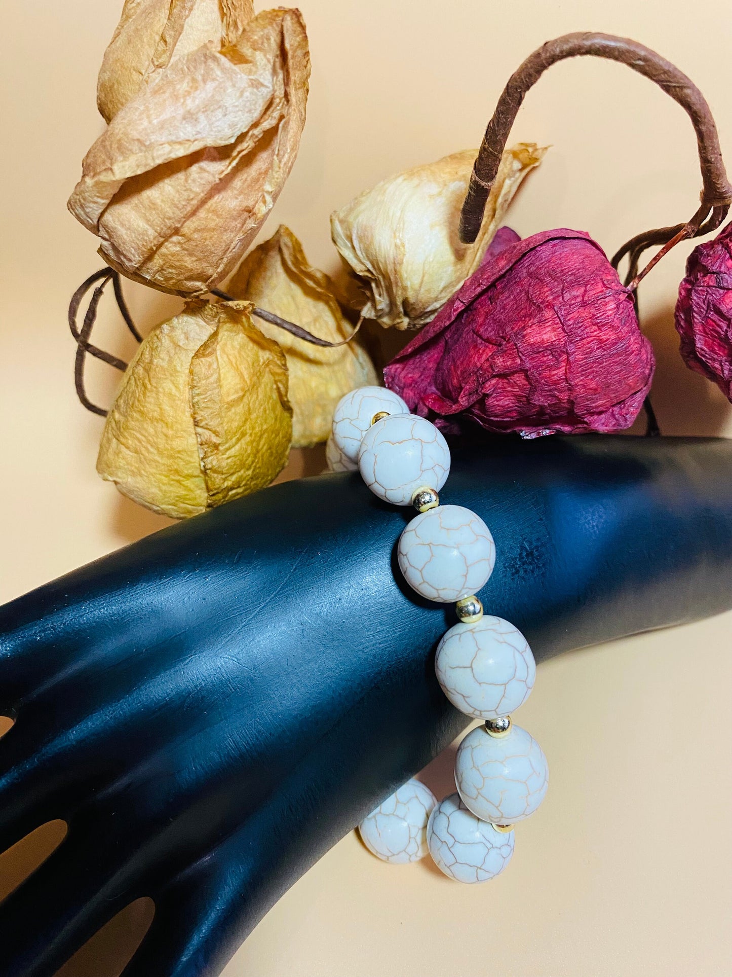 Handmade White Turquoise Bracelet: Gold-Plated Hematite Gemstone Beads