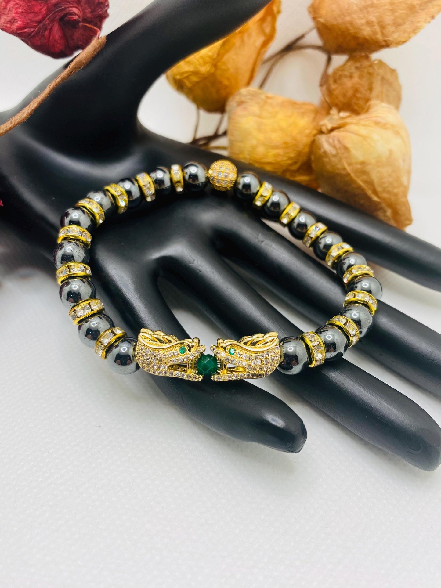 Dragon Hematite Beaded Bracelet: Gold CZ Charm, Handmade