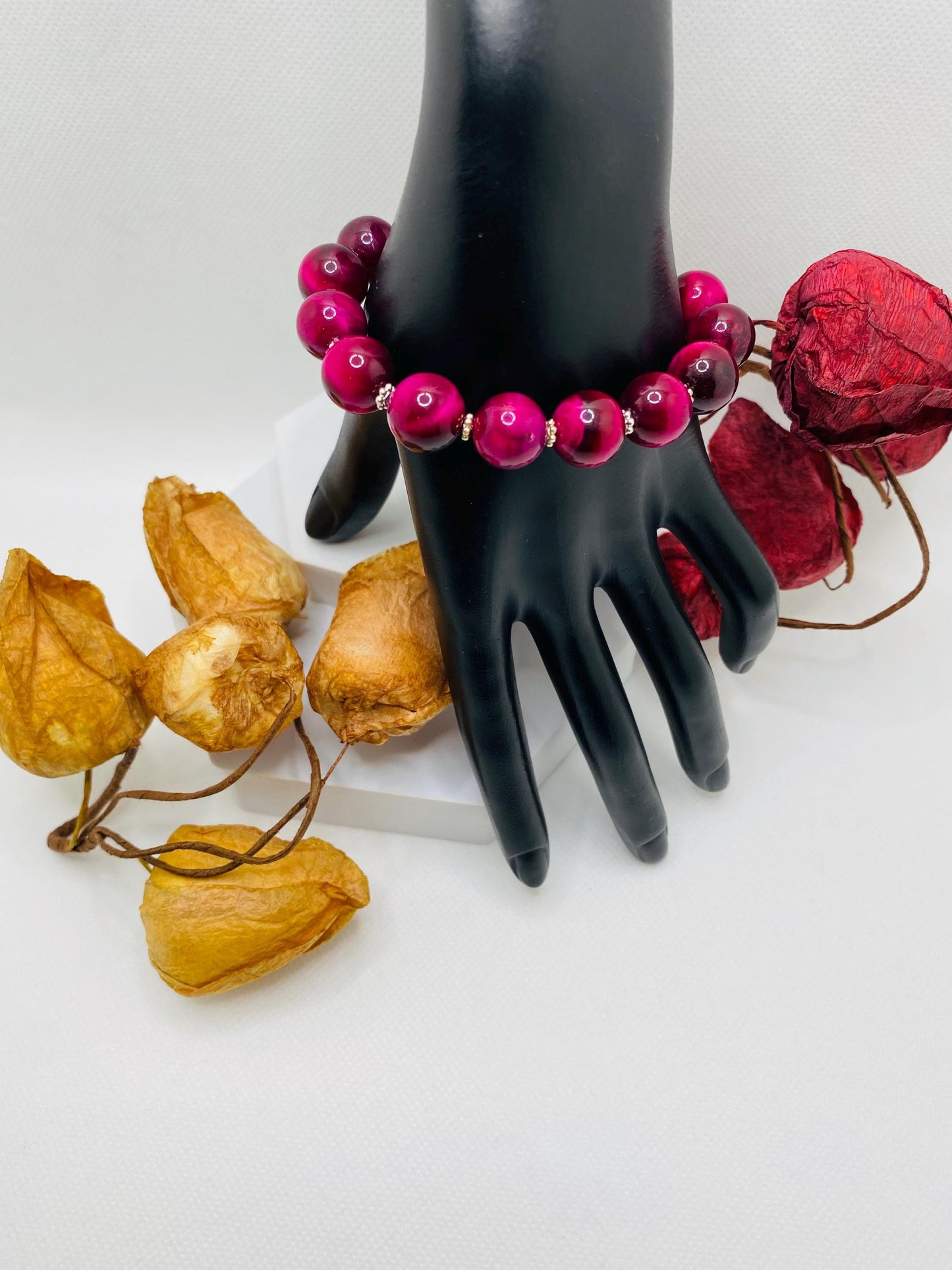 Chunky Rose Red Tigers Eye Bracelet: Handmade Gemstone Jewelry