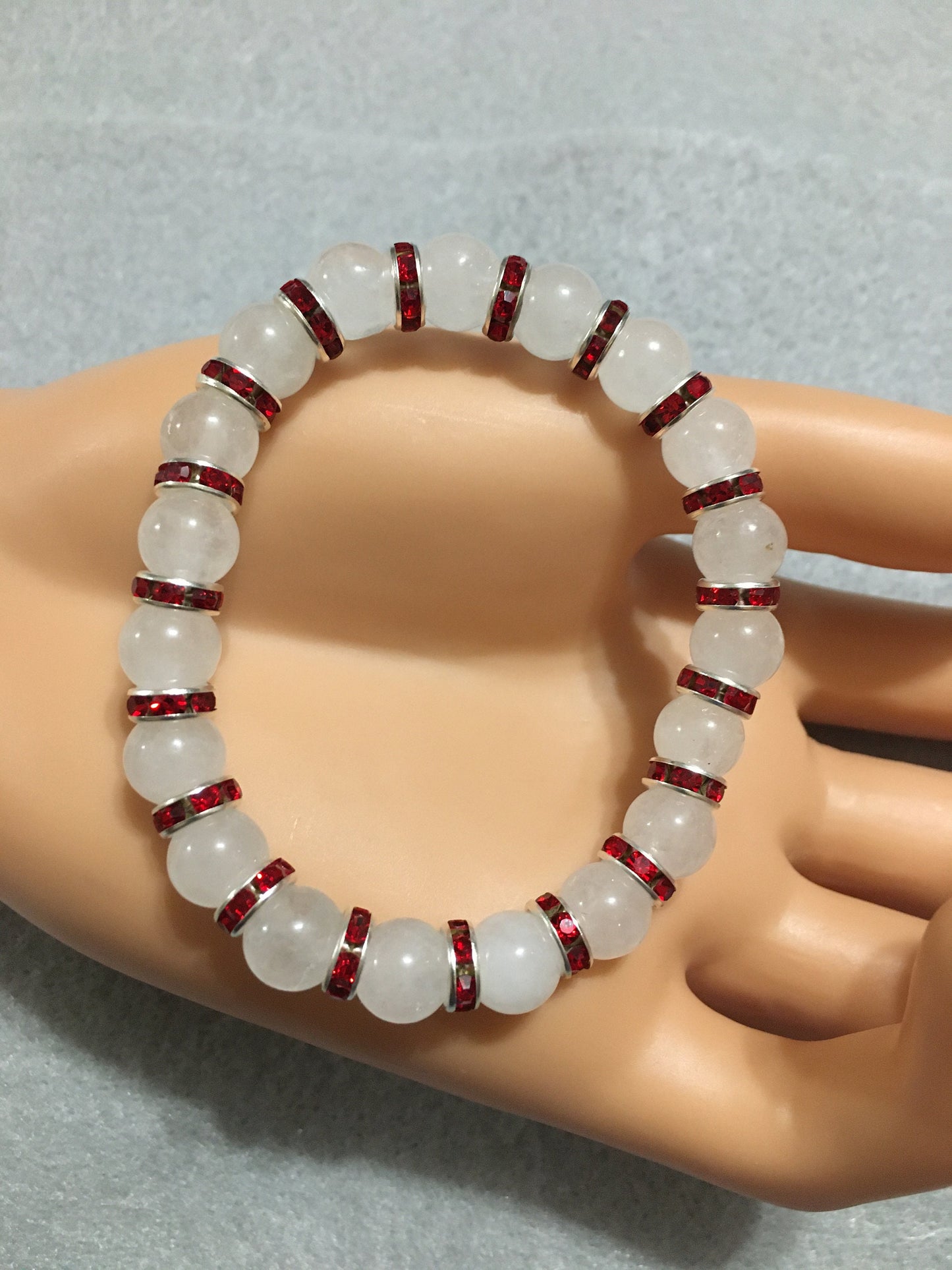 White Jade Bracelet with Red Rhinestone Rondelles