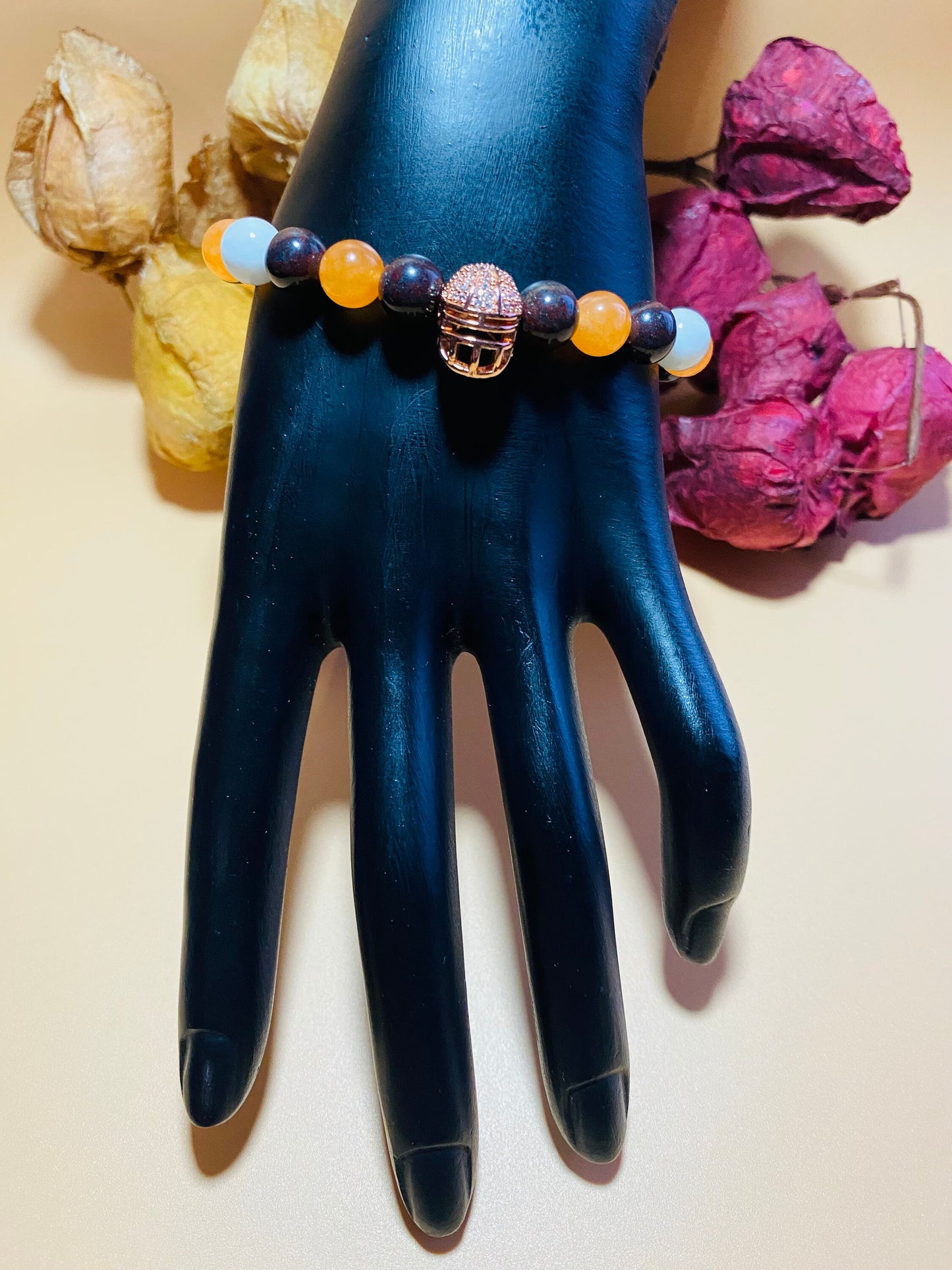 Cleveland Browns Bracelet: Gemstone Beads & Football Helmet Charm