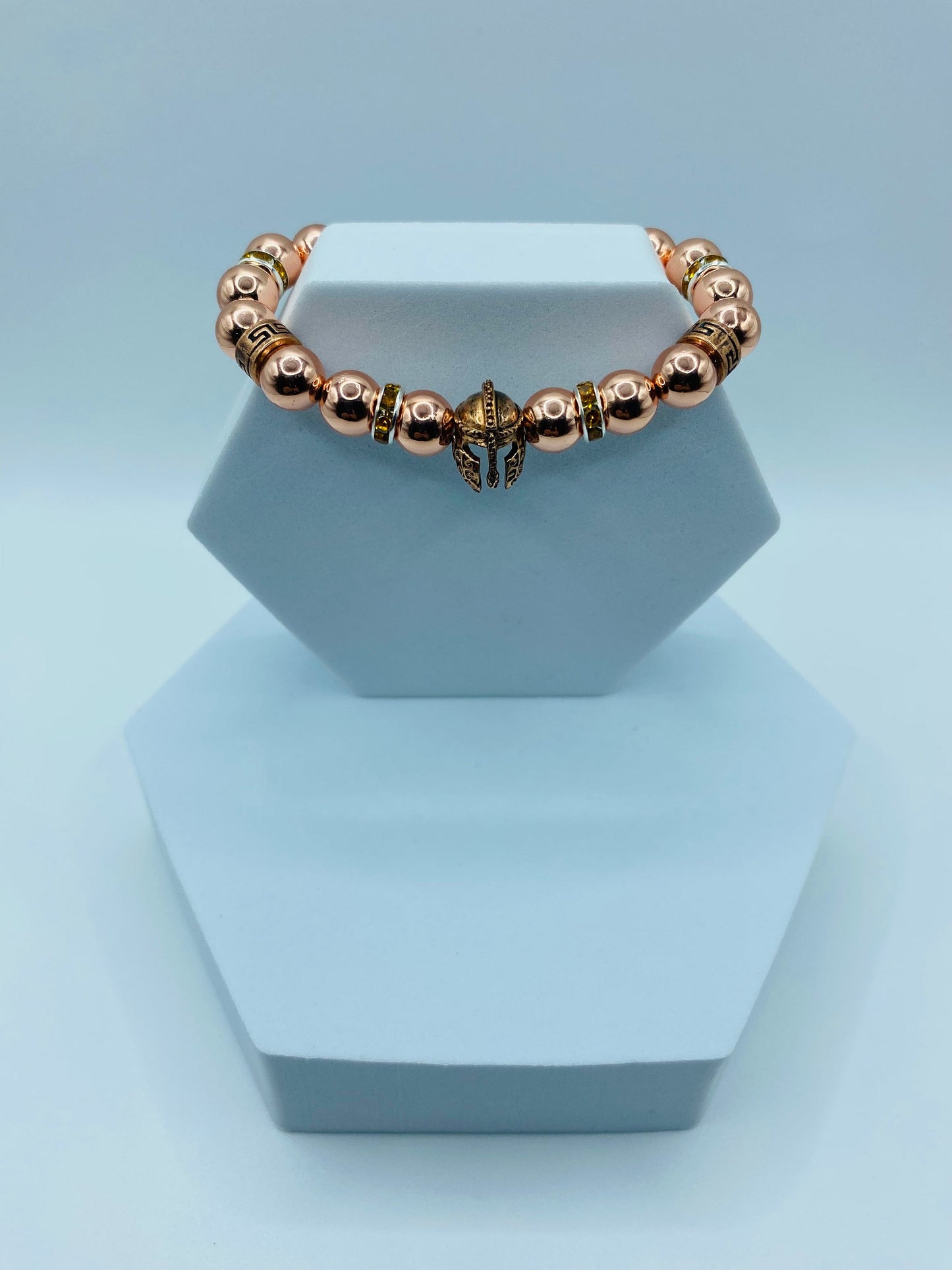 Rose Gold Spartan Helmet Bracelet: Hematite Gemstone Beaded Warrior Jewelry