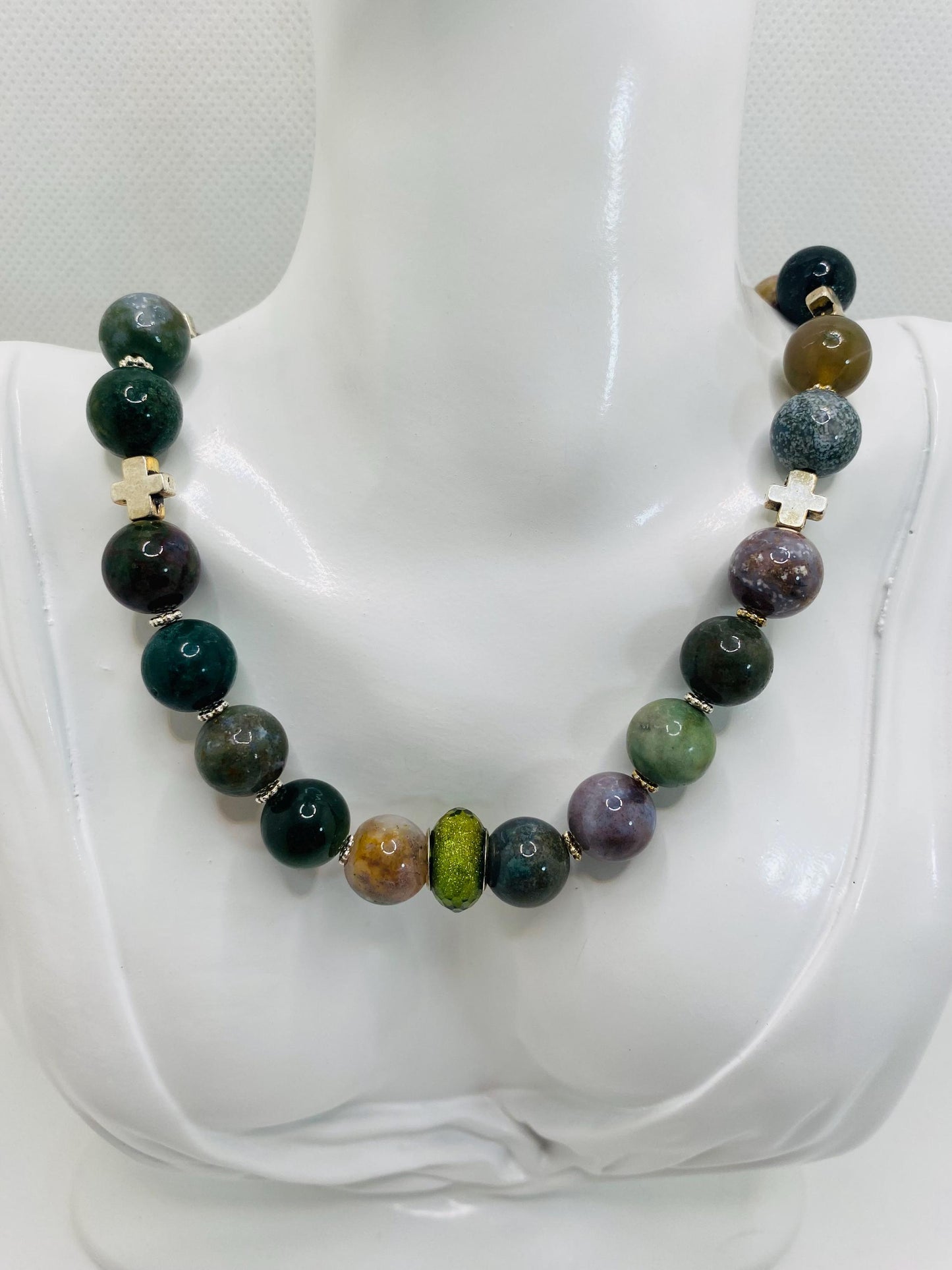 Moss Agate Necklace: Religious Cross Medallion, Antique Silver