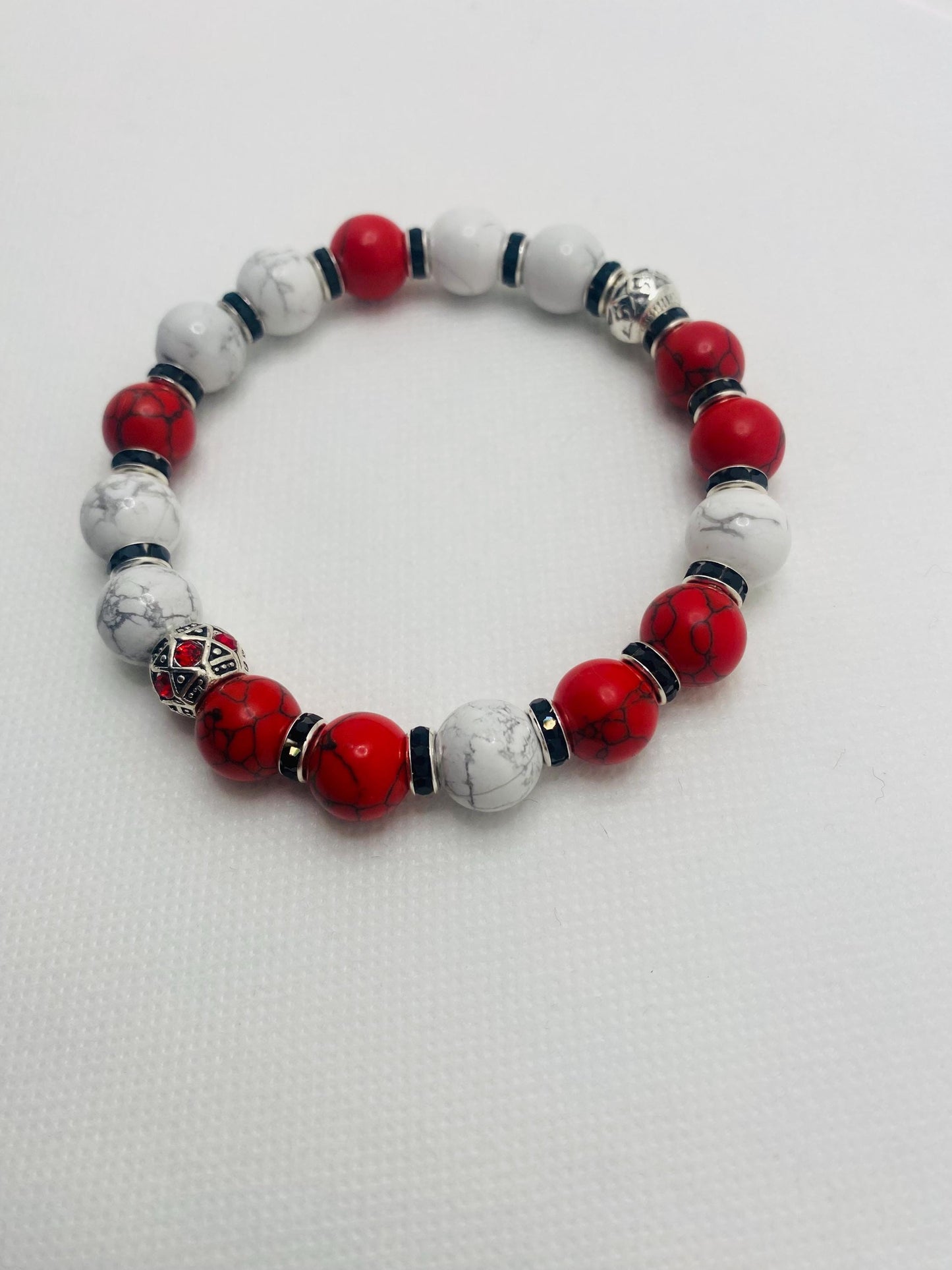 Mens Red Turquoise & Howlite Beaded Bracelet: Silver Rhinestone Charm