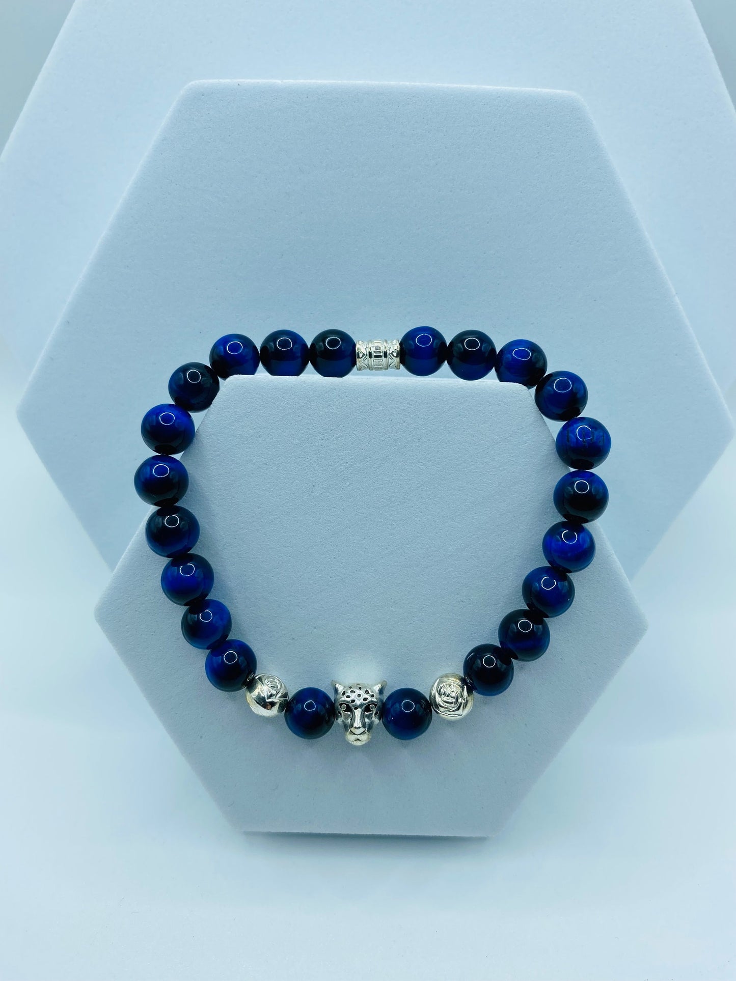 Blue Tiger's Eye Bracelet: Leopard Charm, Silver Beads
