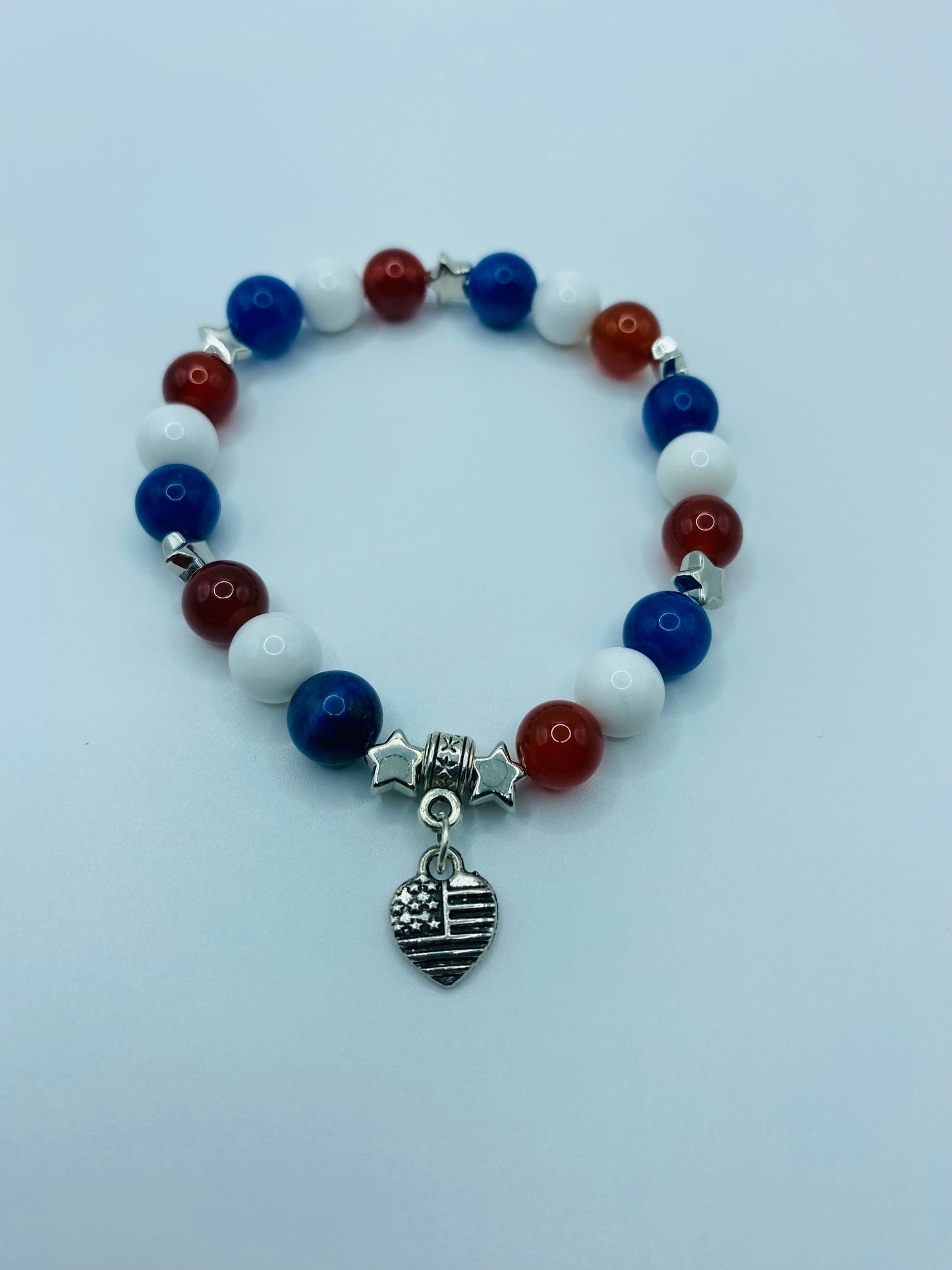 Handmade Jewelry Star Bracelet with Heart Shaped American Flag, Natural Gemstone Beads, Charm Bracelet