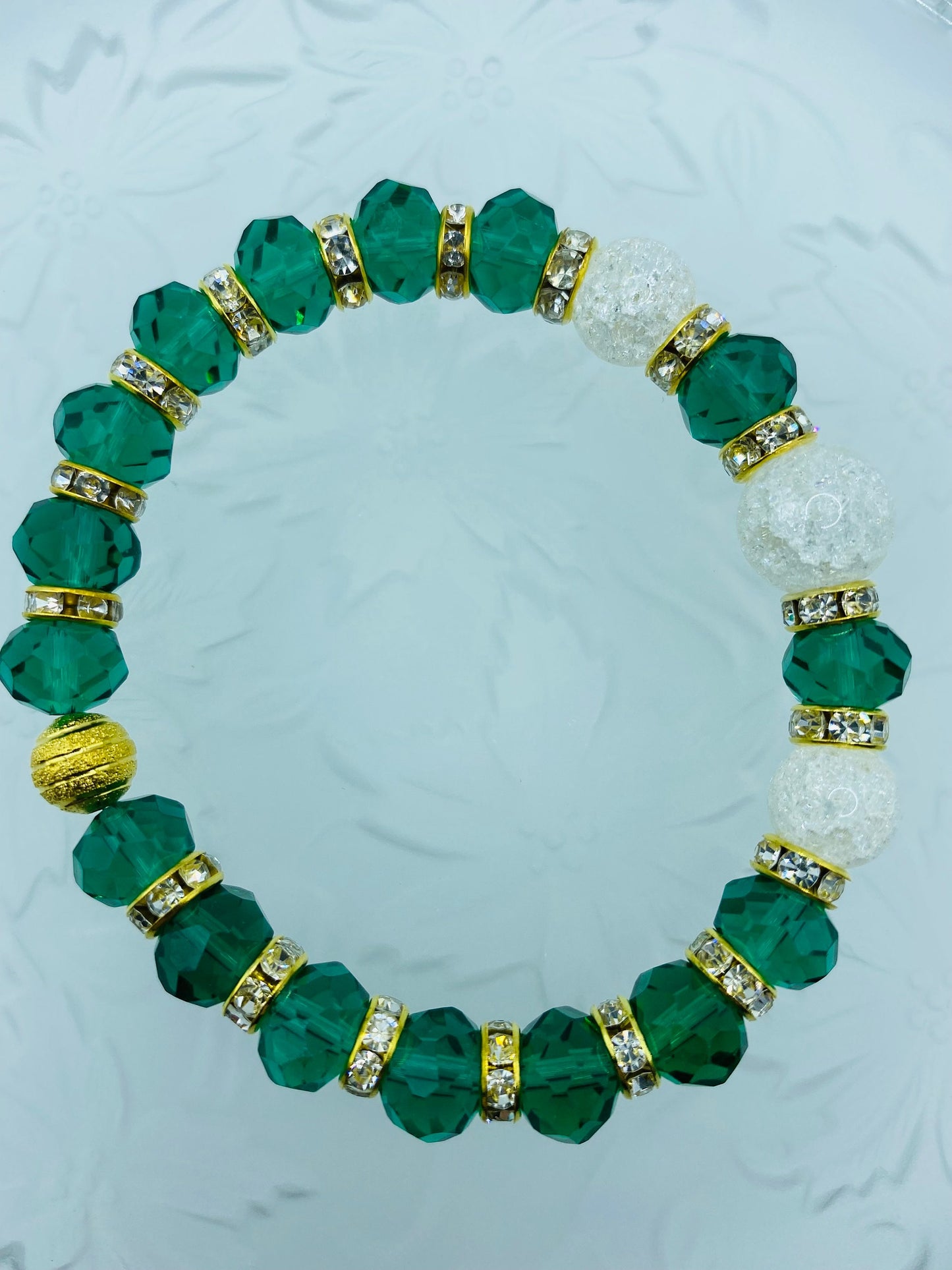 Emerald Green Crystal Bracelet: Crackle Quartz & Rhinestone Rondelles