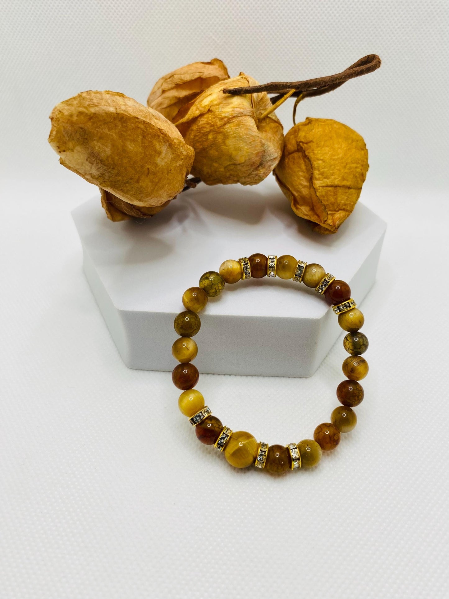 Tigers Eye & Agate Beaded Bracelet: Gold Rhinestone Spacers