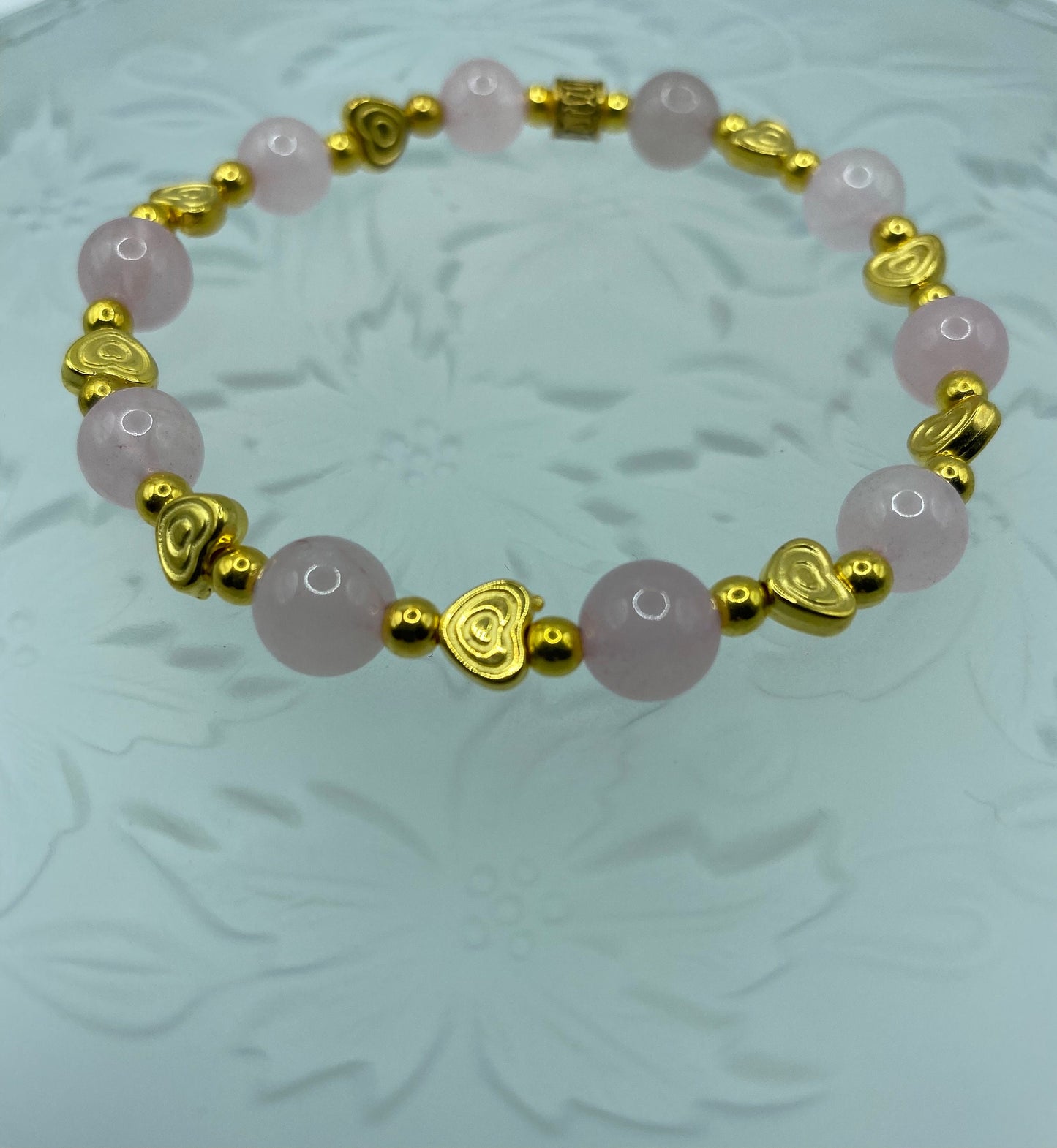 Rose Quartz Bracelet: 18k Gold Heart Charms, Gold Hematite Beads