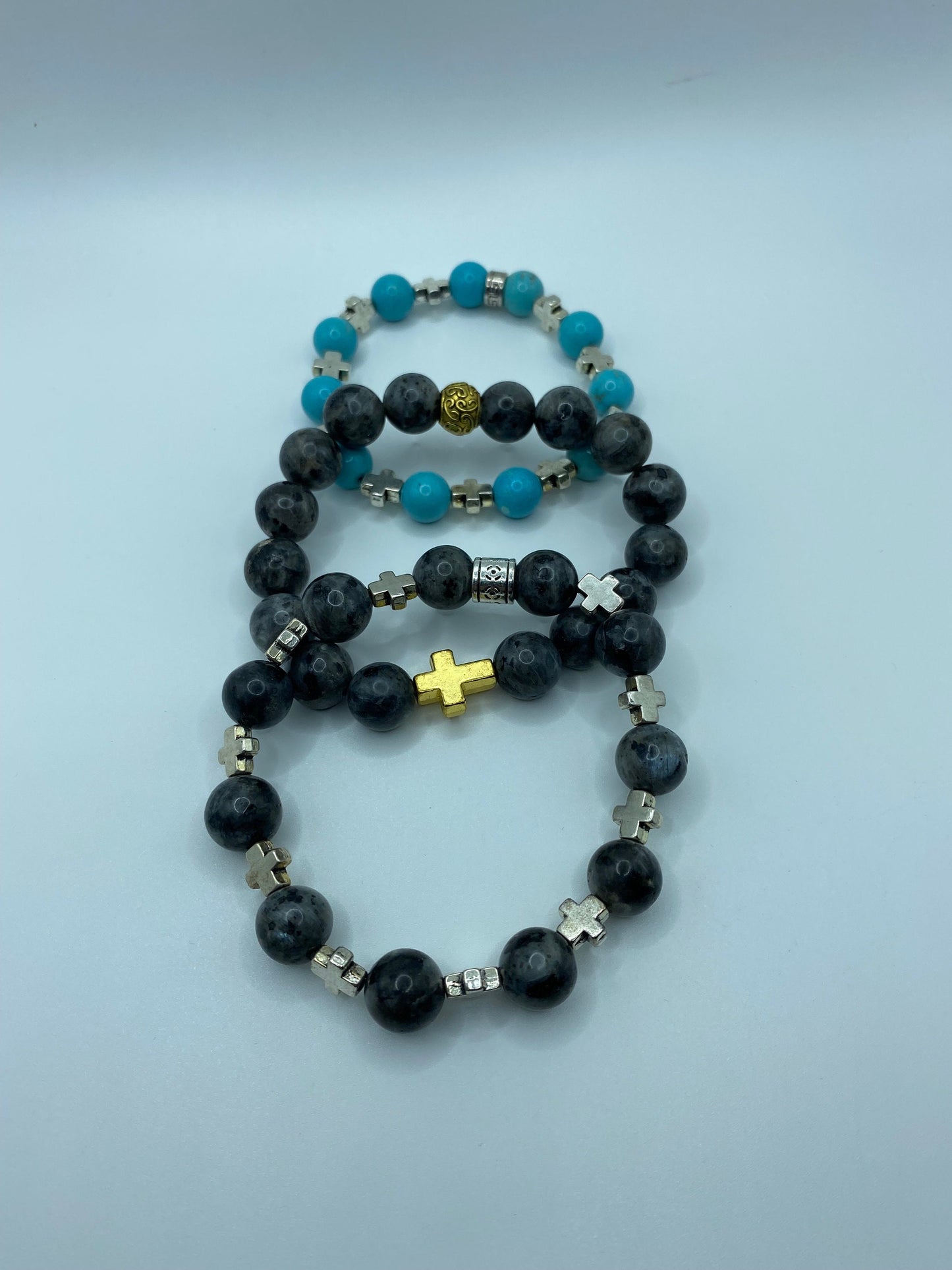 Mens Labradorite Beaded Bracelet with Silver Cross Charms