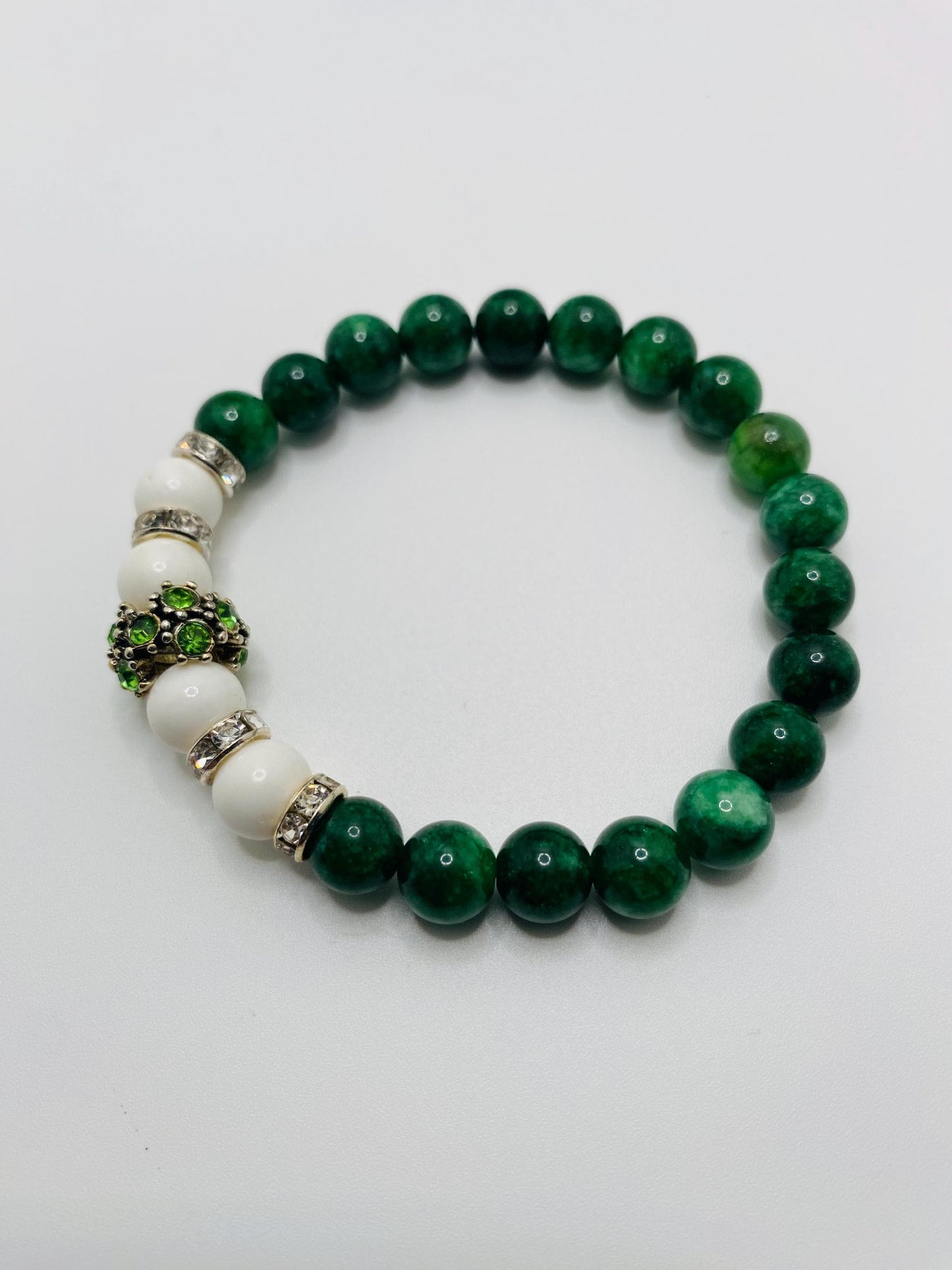 Jade Charm Bracelet: Agate Beads, Silver Rhinestone Charm