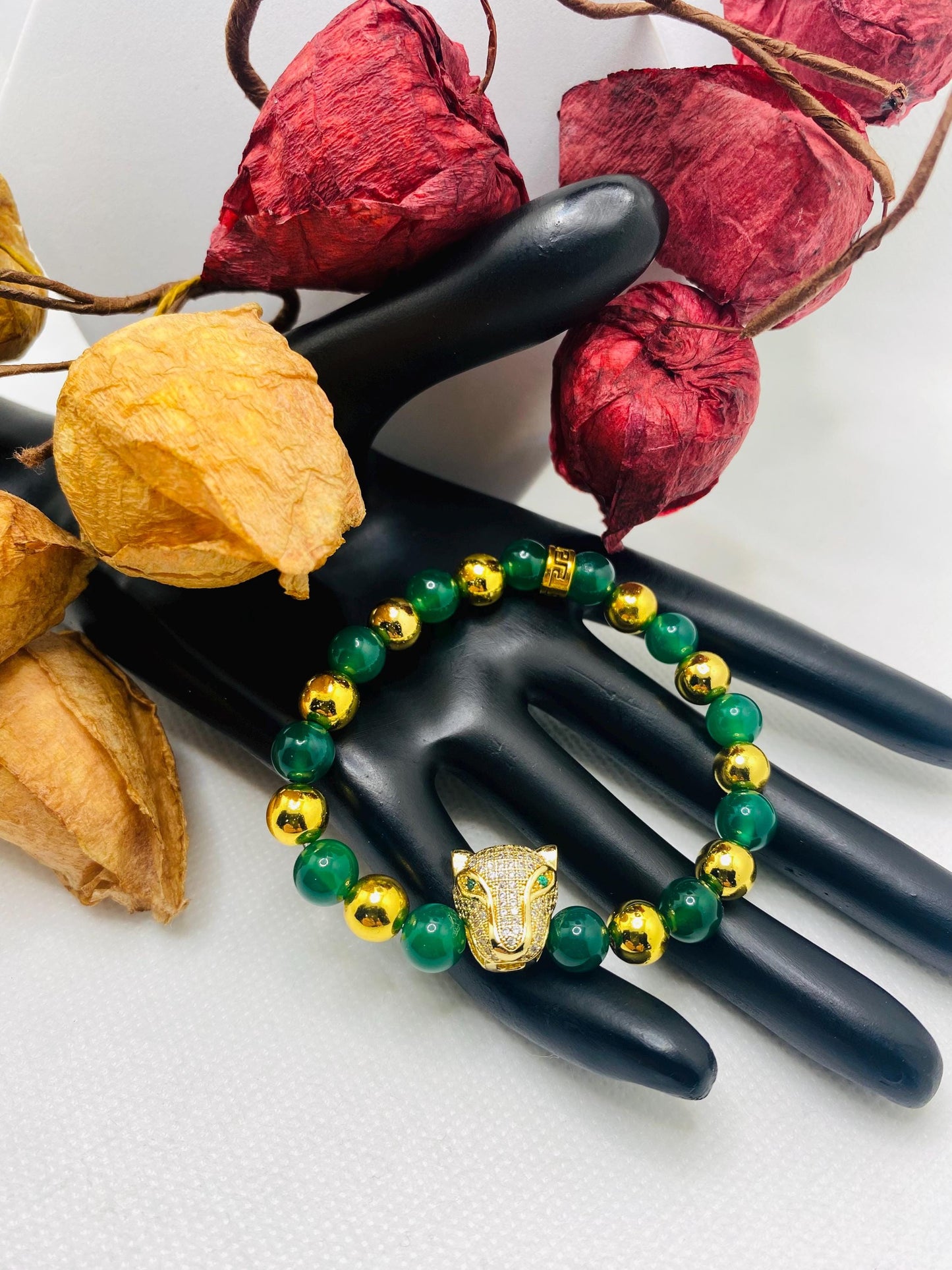 Jade & Hematite Bracelet: Gold CZ Panther Bead, Handmade