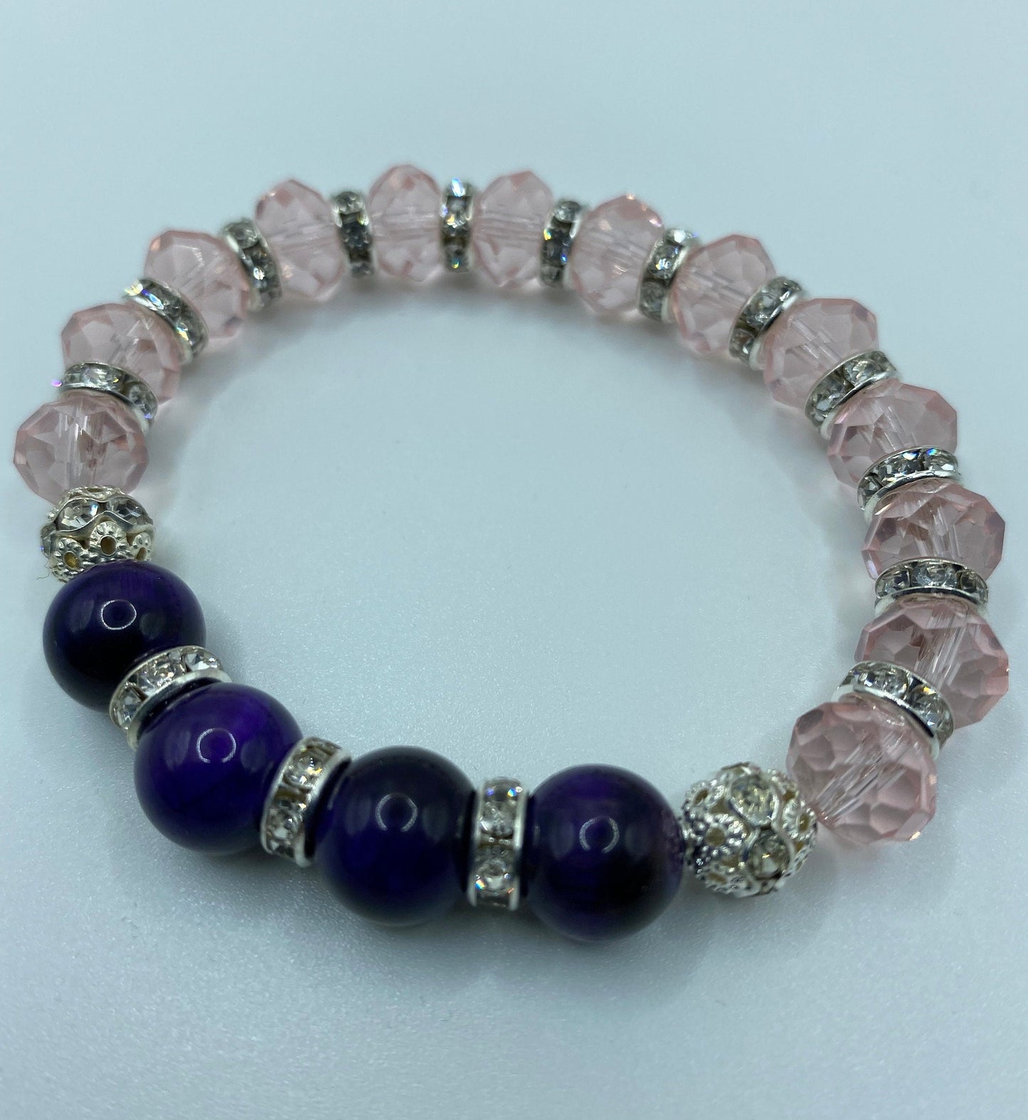 Handmade Purple Tiger's Eye Bracelet: Pink Crystal & Rhinestone Beads