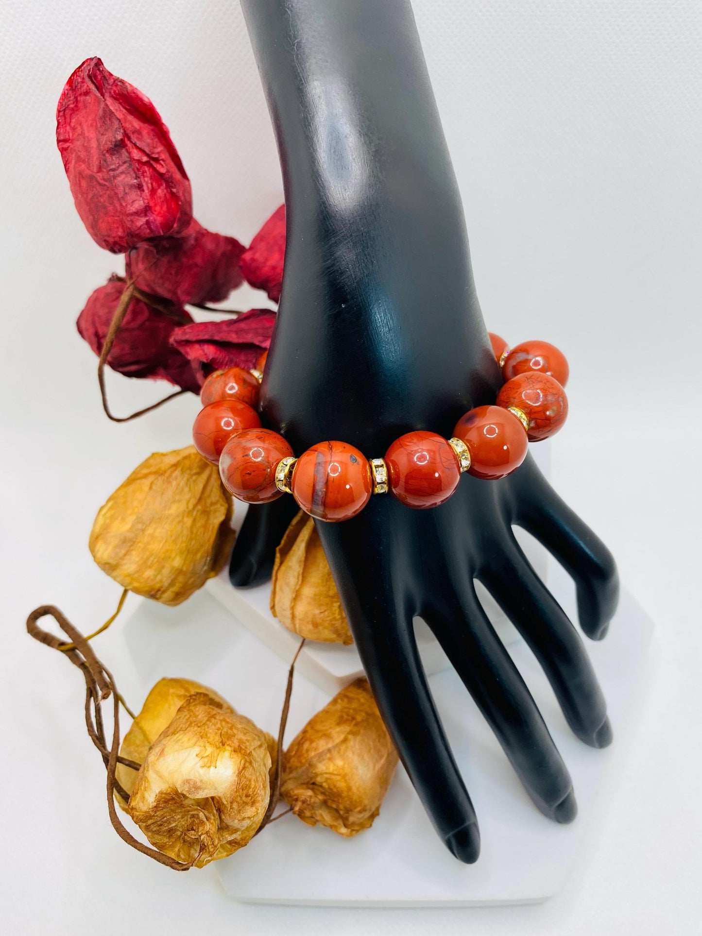 Handmade Chunky Red Jasper Bracelet: Rhinestone Gemstone Jewelry