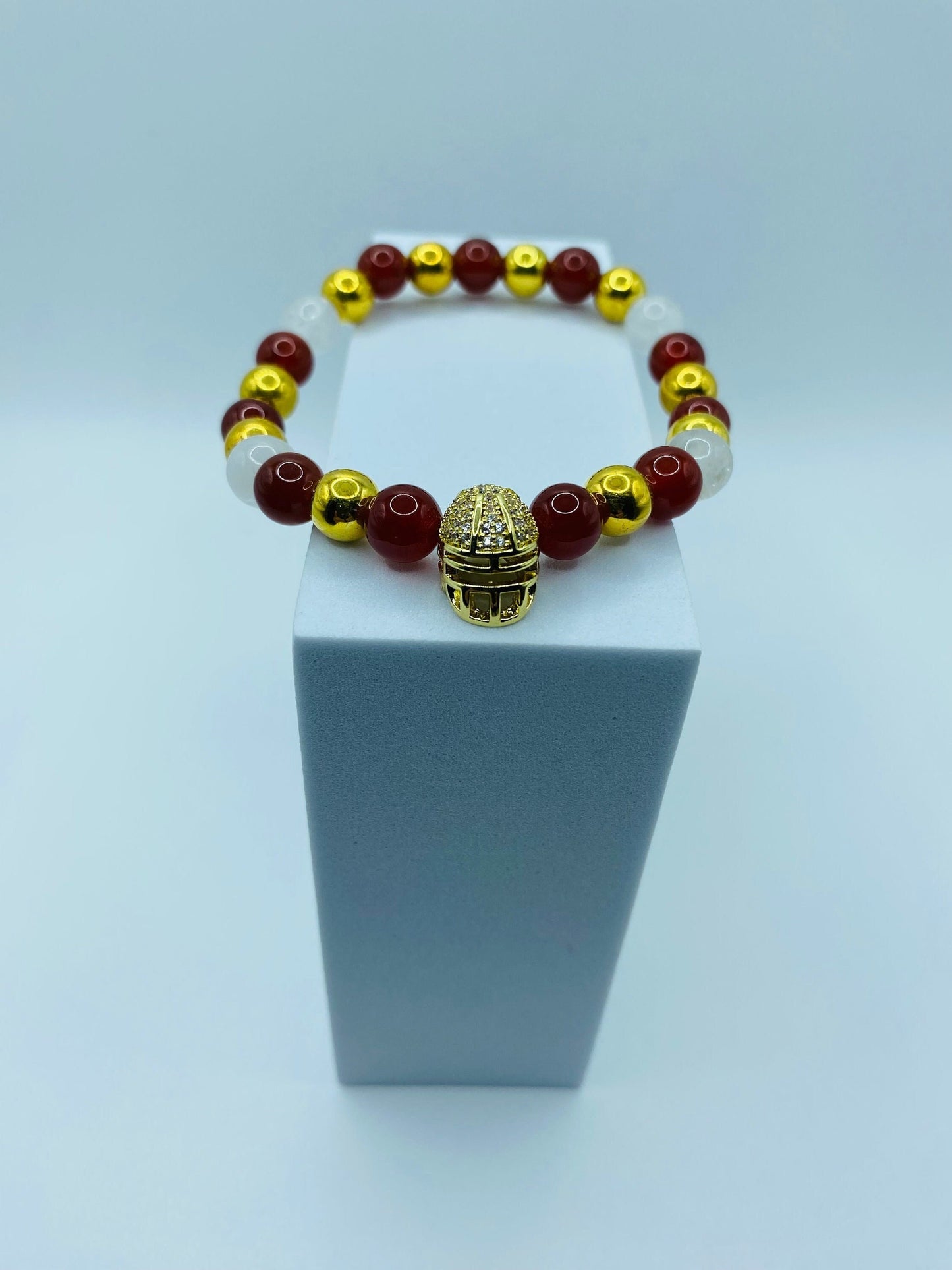 49ers Gemstone Bracelet: CZ Football Helmet, Jade & Carnelian Beads
