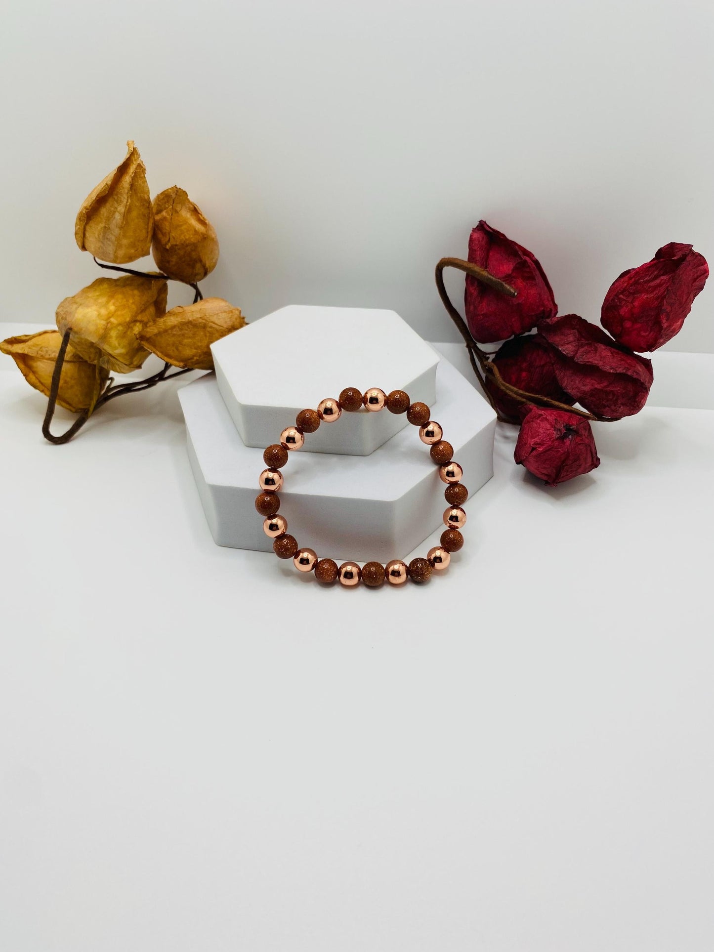 Rose Gold Hematite Bracelet: Natural Goldstone Gemstone Beads