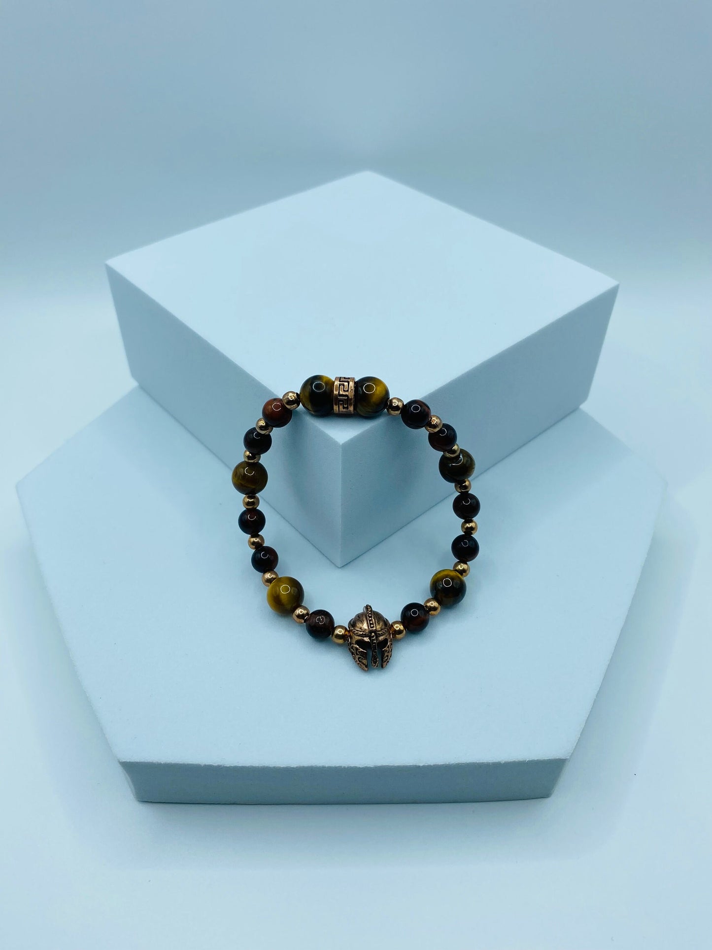 Rose Gold Spartan Helmet Bracelet: Tiger's Eye Gemstone Beaded Bracelet