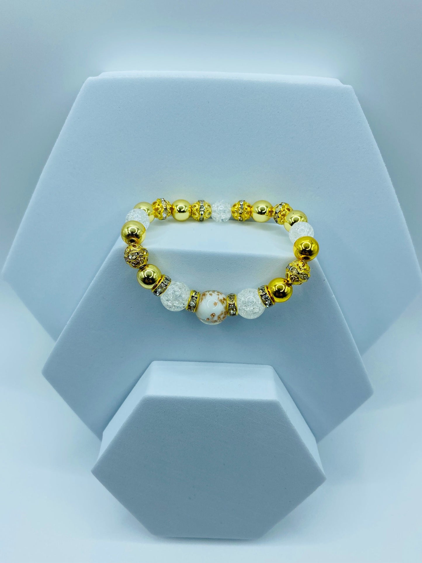 Gold Hematite Bracelet: Lampwork Glass & Crackle Quartz Crystal