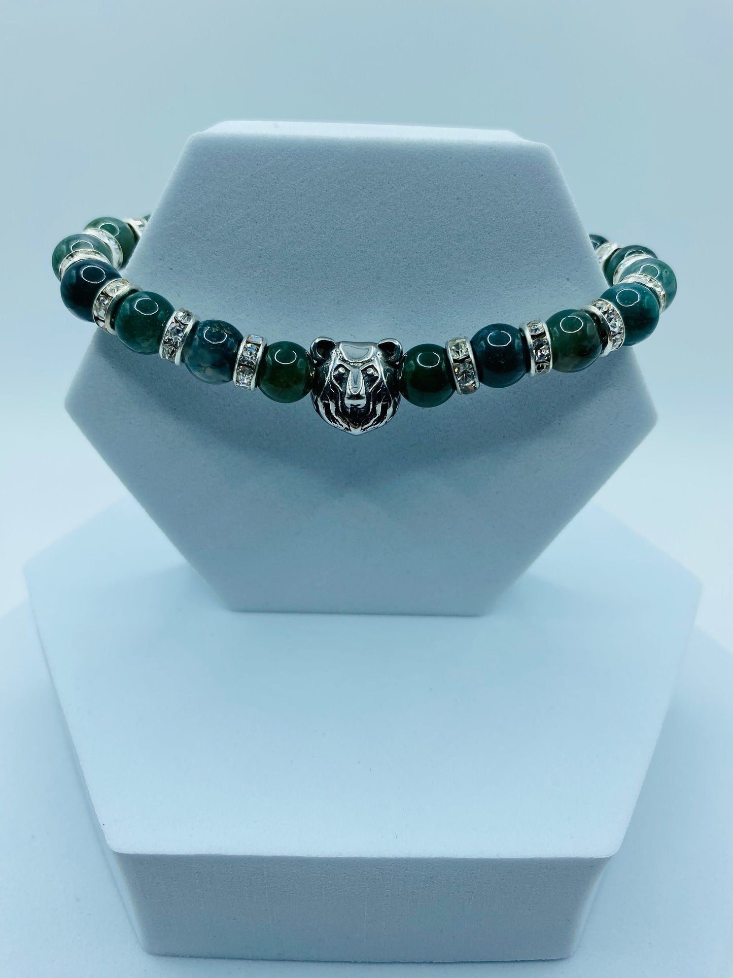 Mens Moss Agate Beaded Bracelet: Bear Charm, Rhinestone Spacers
