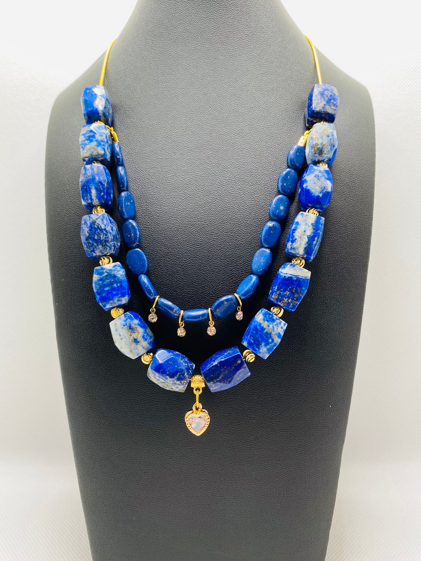 Handmade Lapis Lazuli Layered Necklace: Gold Plated Heart Pendant