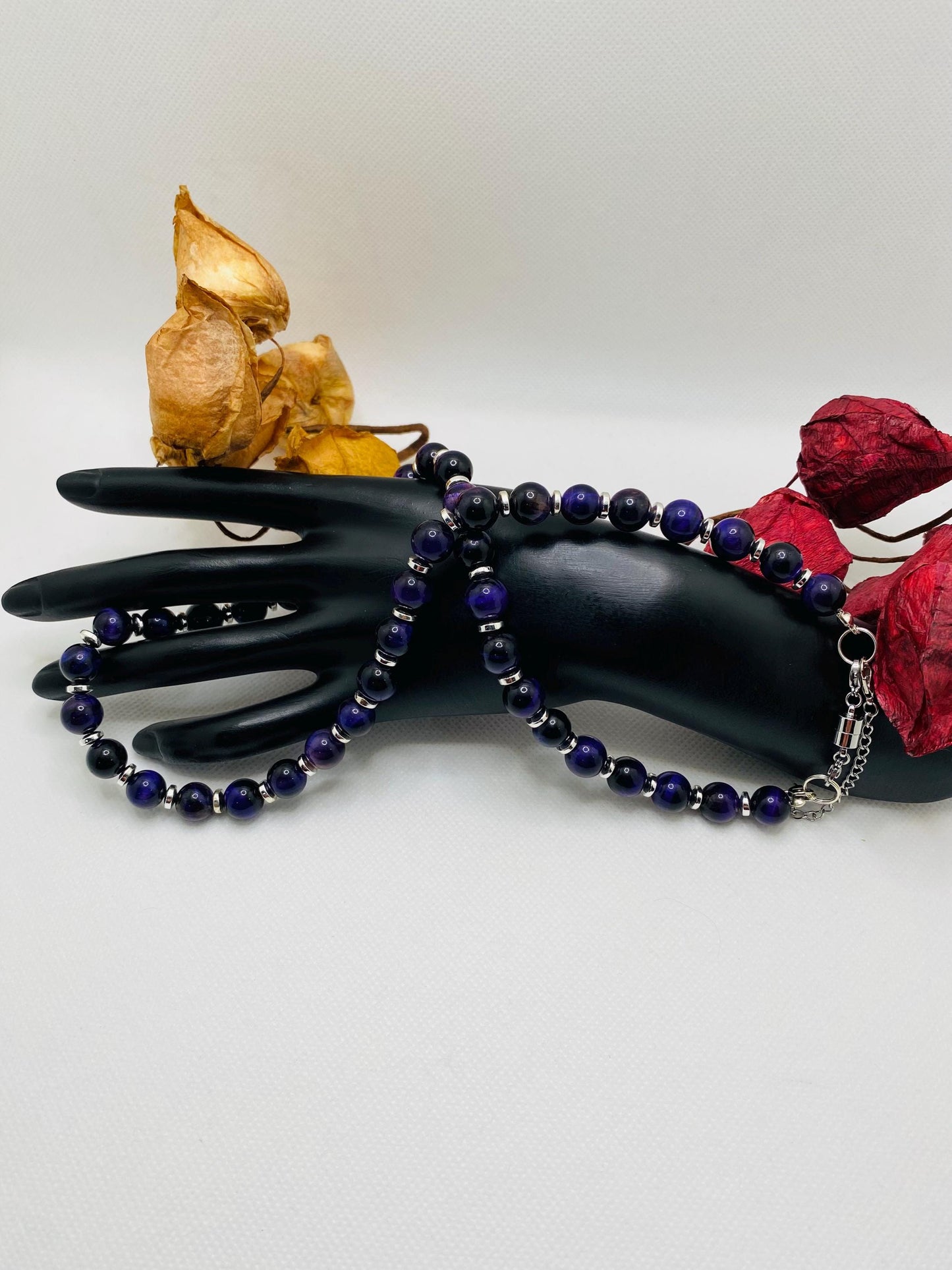 Purple Tigers Eye Necklace: Silver Hematite Gemstone Beaded Jewelry