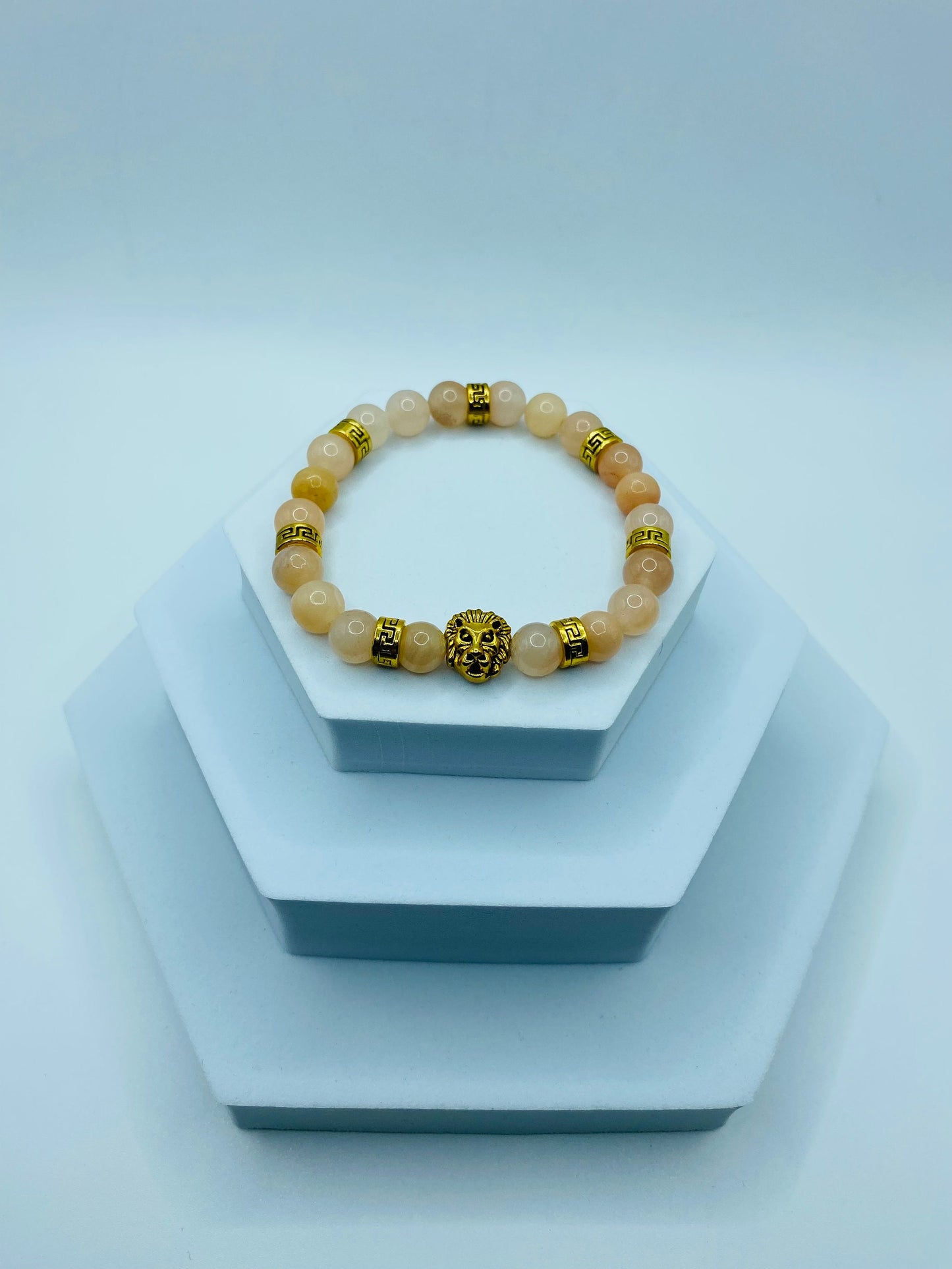 Pink Jade Lion Bracelet: Gold Tibetan Charm Bracelet