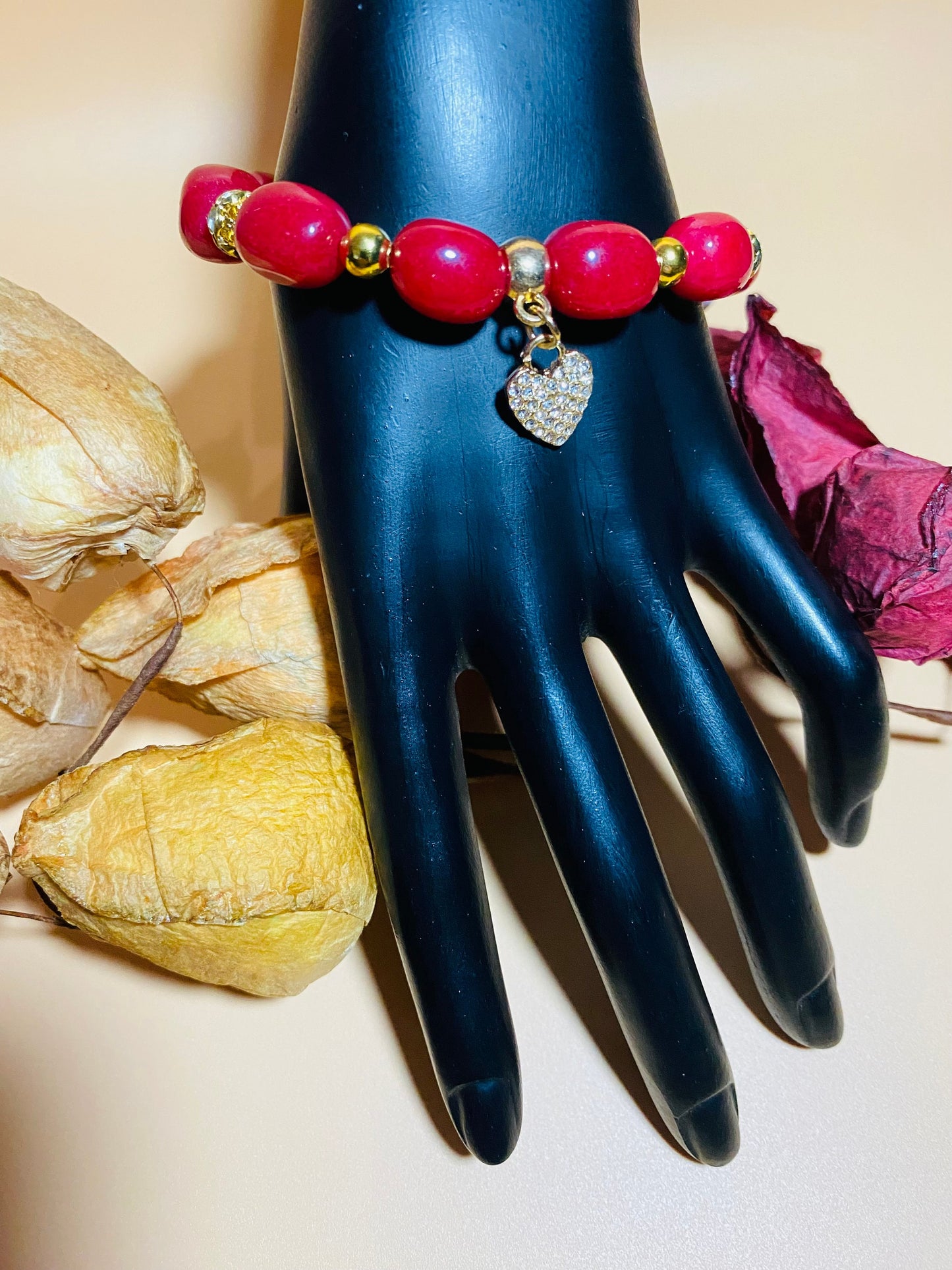 Red Jade Beaded Bracelet: Rhinestone Heart Pendant, Gold Accents