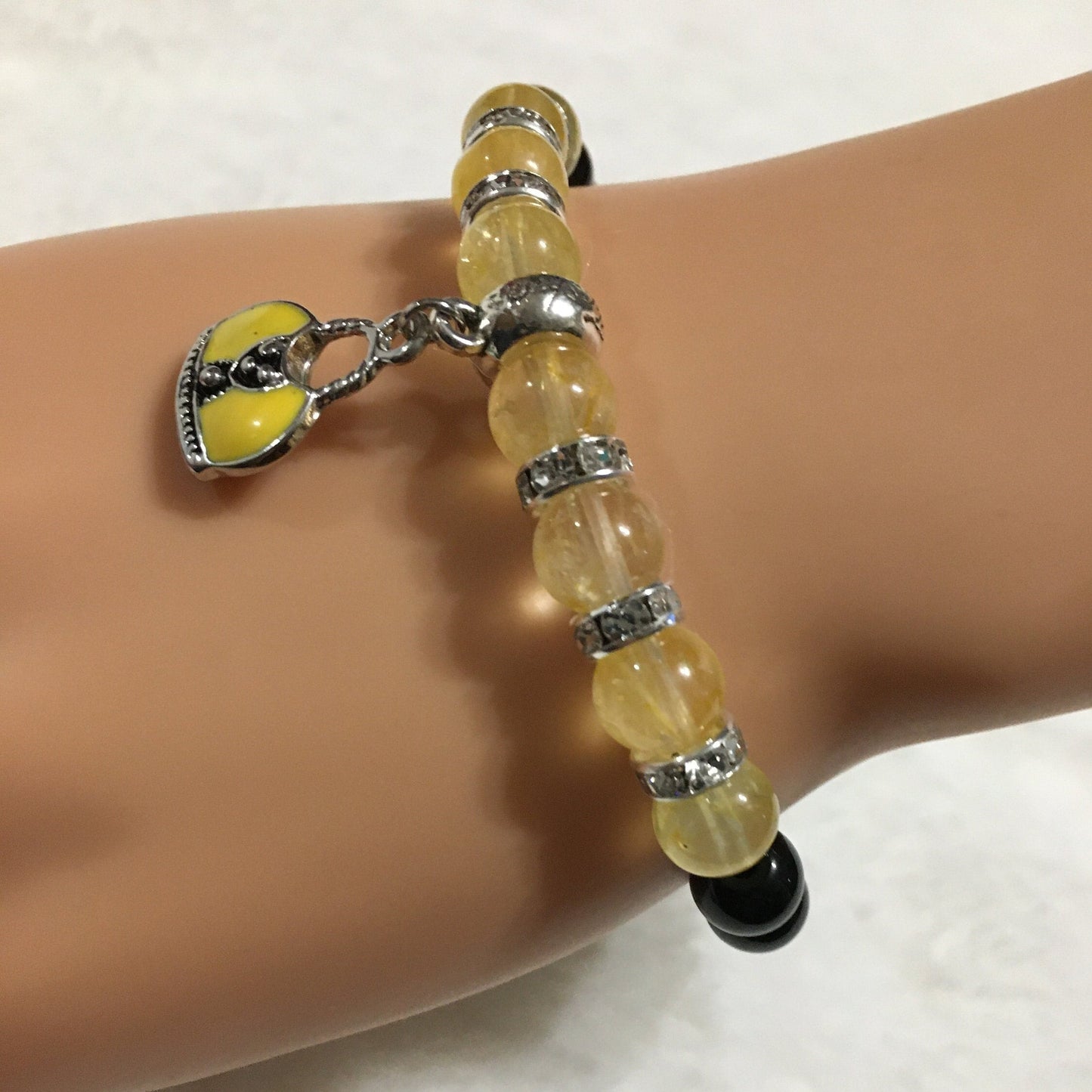 Citrine & Black Onyx Bracelet: Silver Purse Charm, Rhinestone Accents