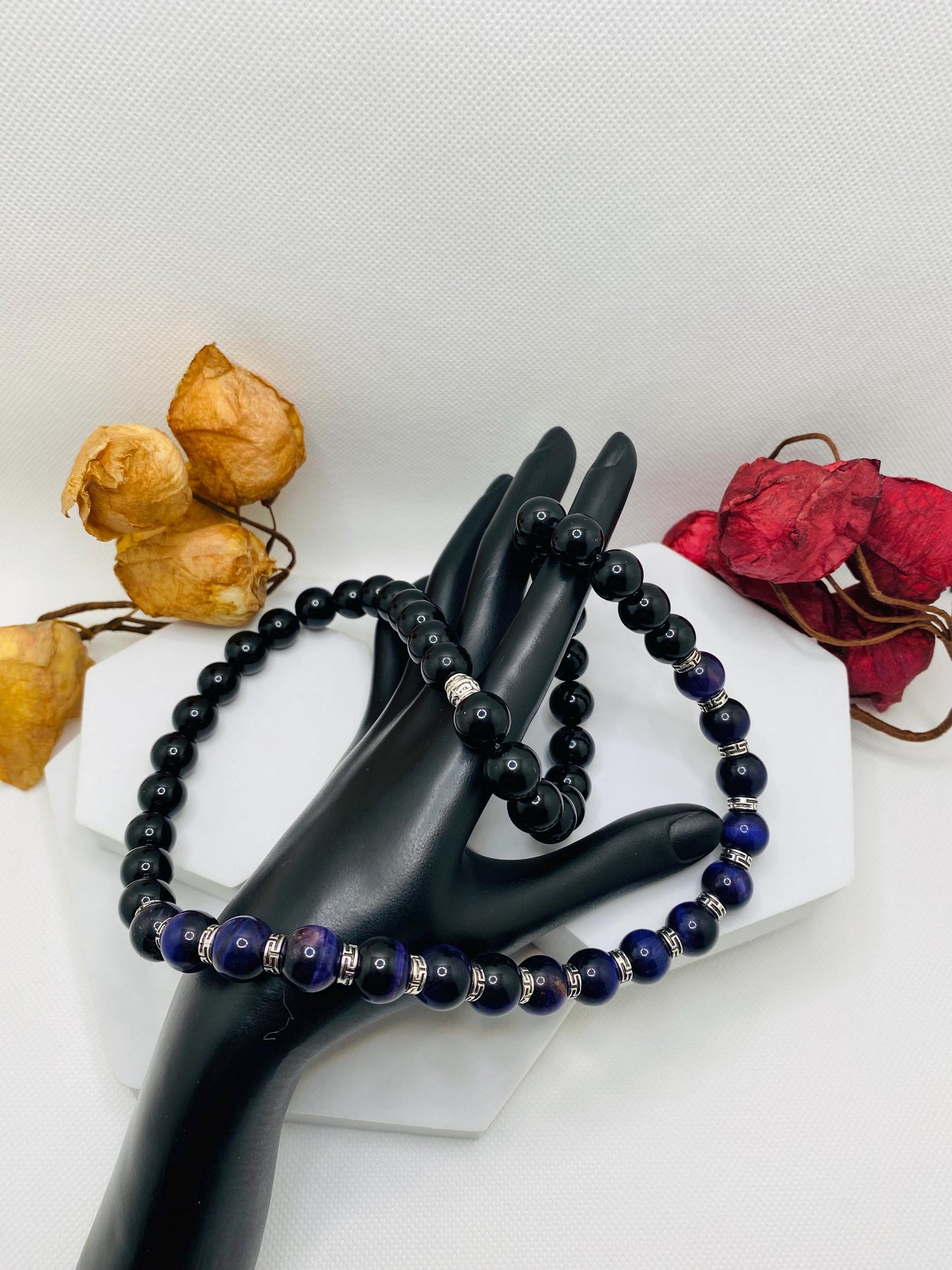 Purple Tigers Eye & Black Onyx Necklace: Tibetan Silver Accents