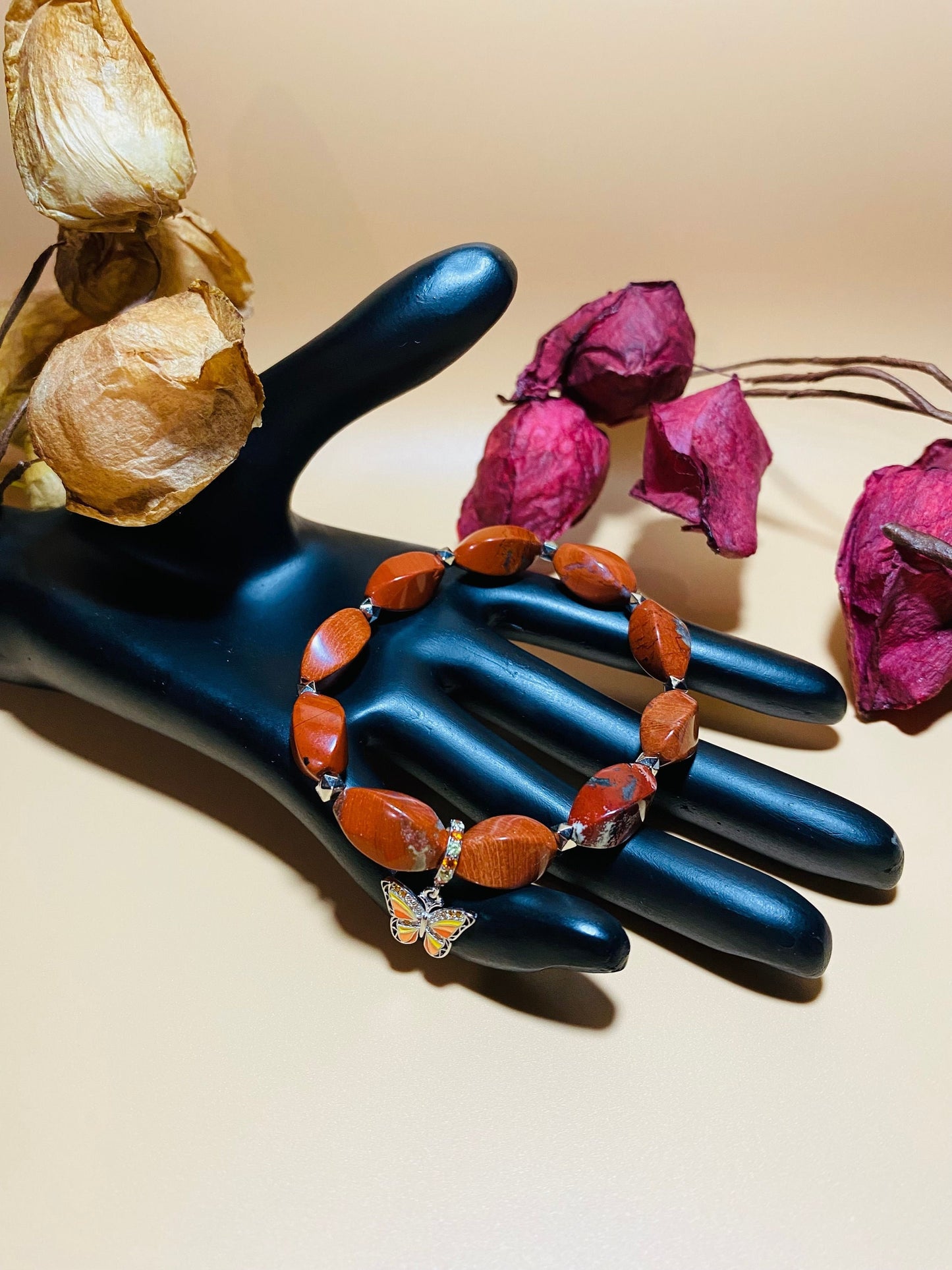 Handmade Red Jasper Bracelet: Butterfly Charm, Gemstone Jewelry
