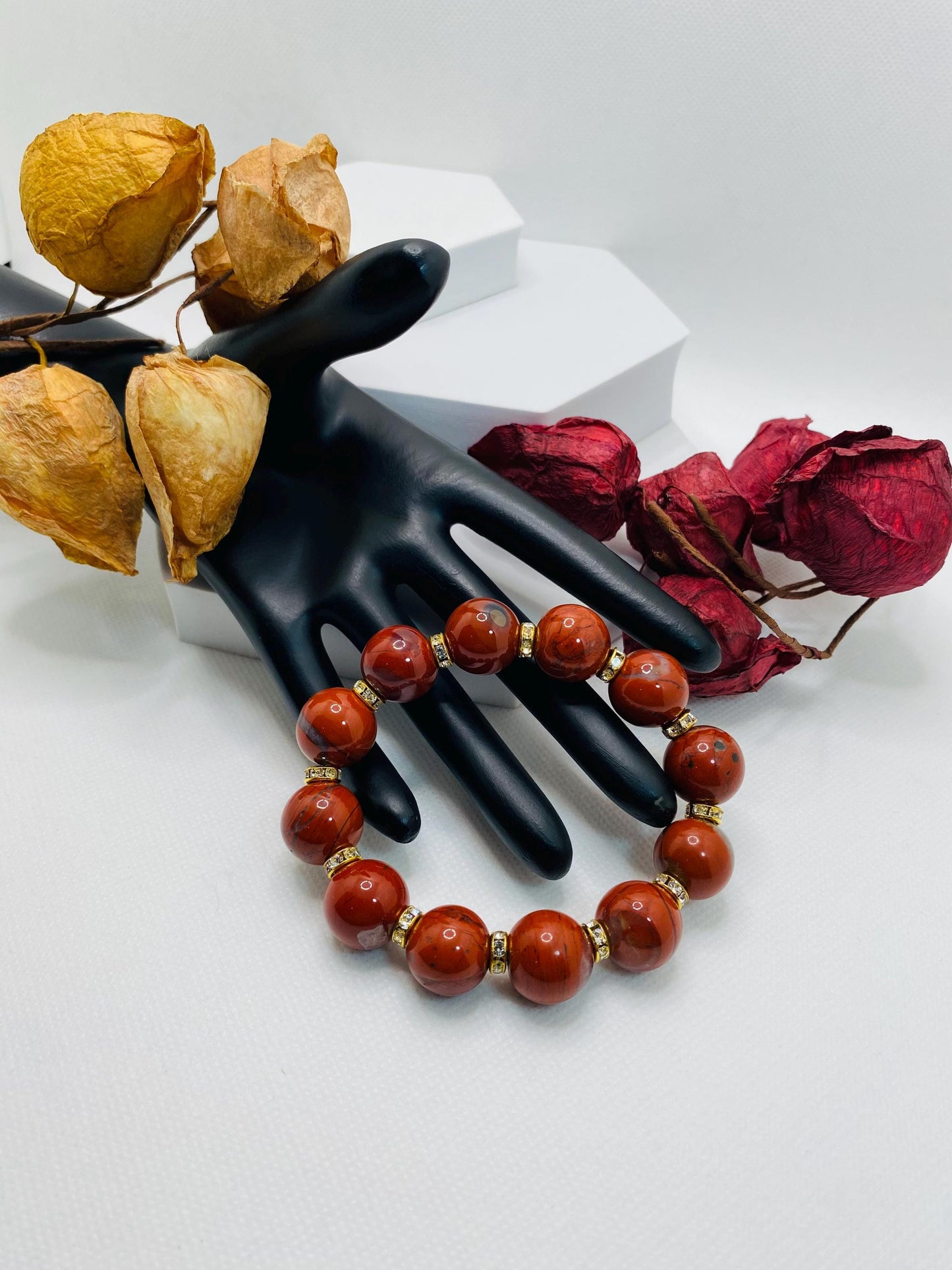 Handmade Chunky Red Jasper Bracelet: Rhinestone Gemstone Jewelry