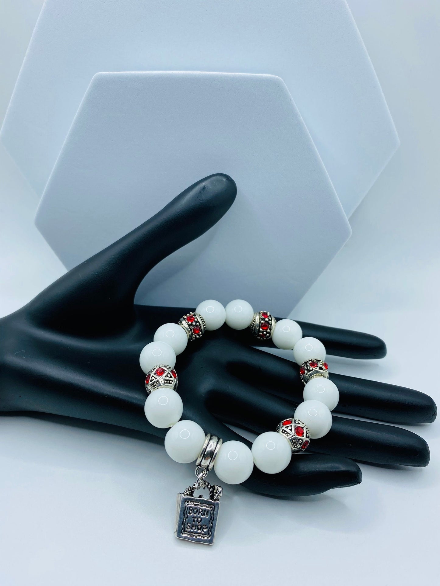 Porcelain Charm Bracelet: Red Rhinestone Handbag Pendant, Antique Silver