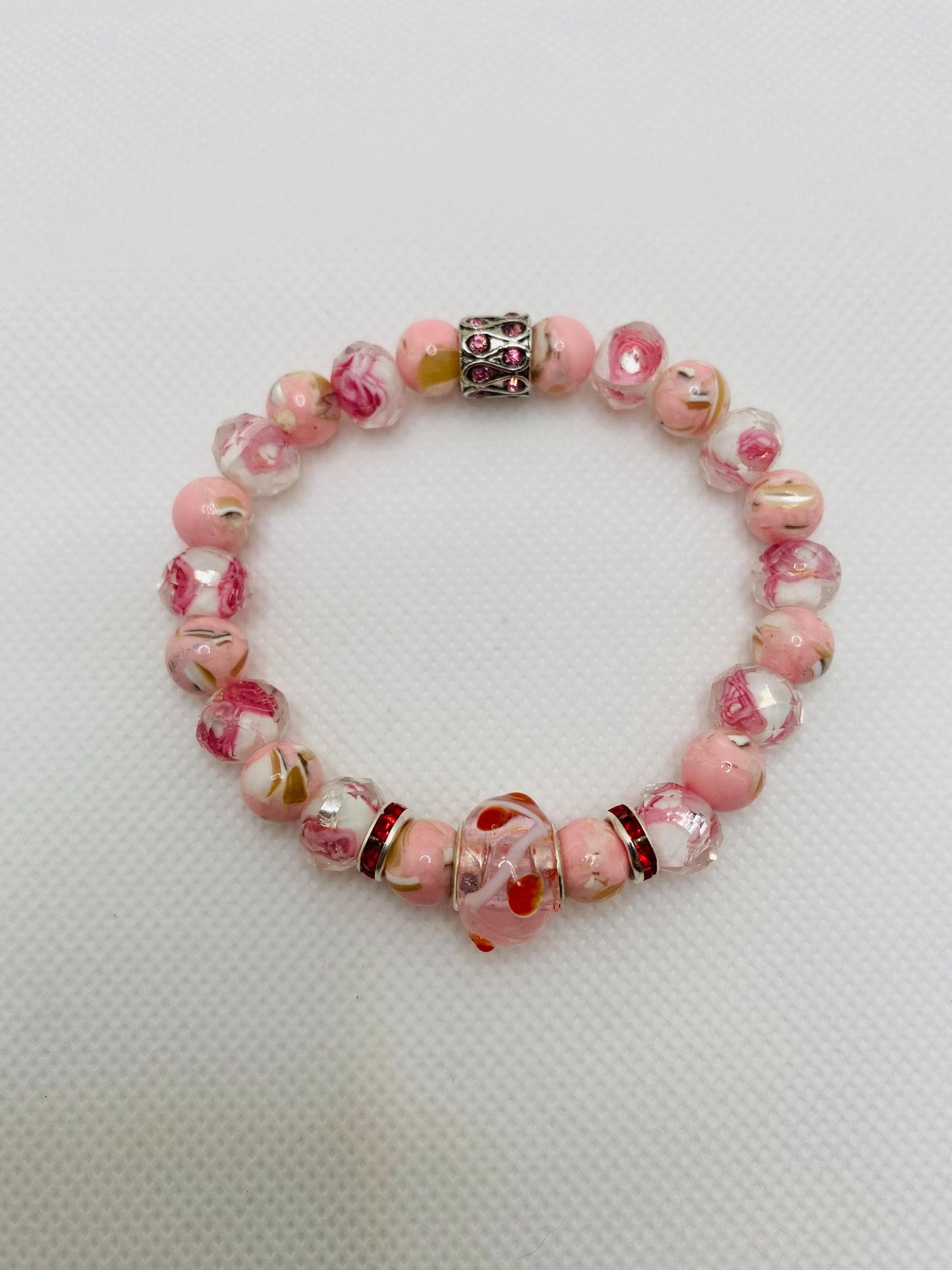Pink Lampwork Glass Bead Bracelet: Floral Trochus Turquoise