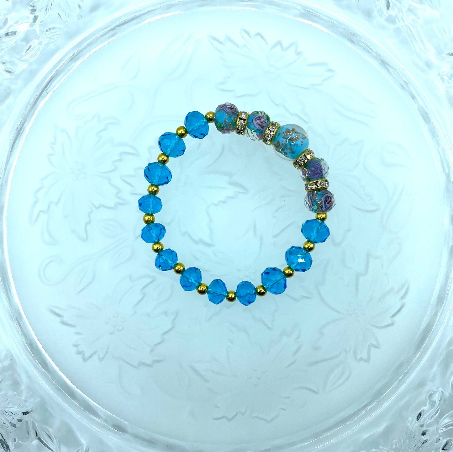 Lampwork Glass Bead Bracelet: Blue Topaz Crystal & 18K Gold Hematite