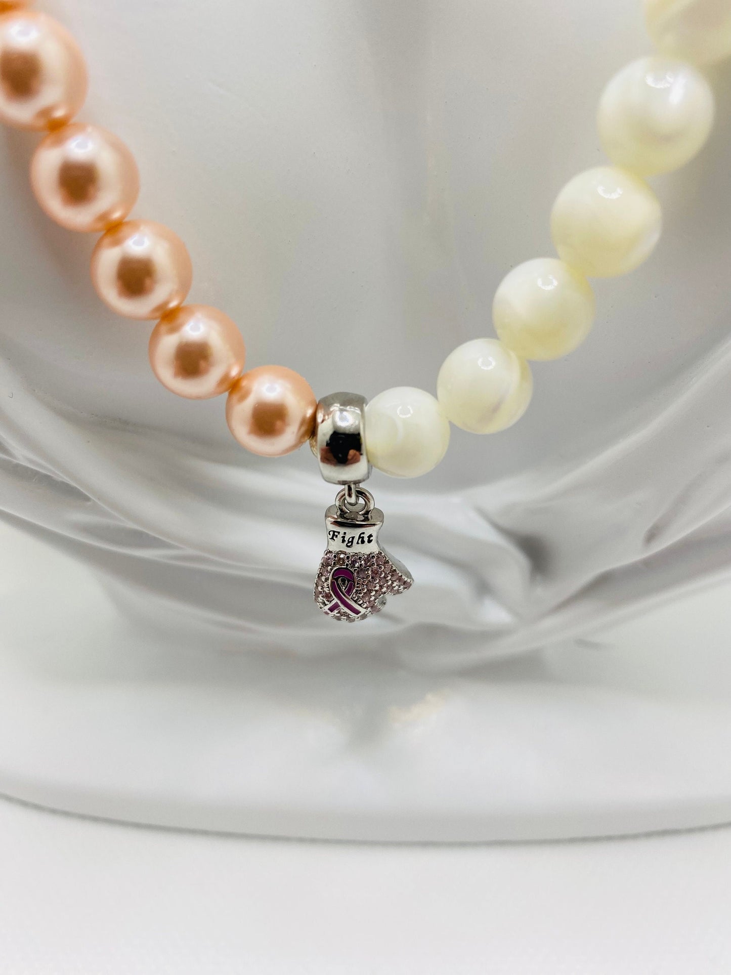 Mother of Pearl Beaded Necklace: Pink Ribbon Boxing Glove, Cancer Survivor Gift
