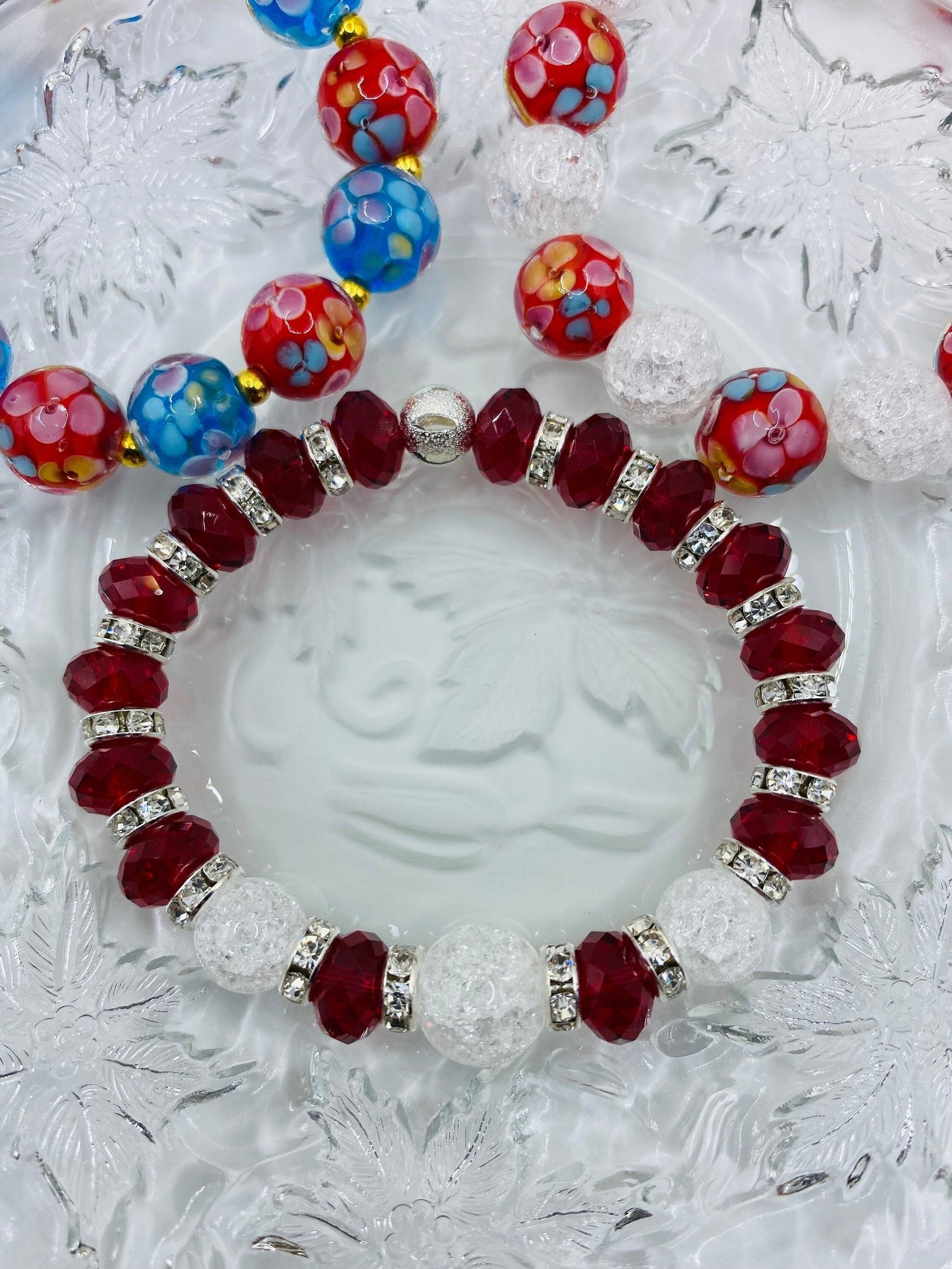 Red Crystal Glass Bracelet: Crackle Quartz Gemstone, Rhinestone Rondelles