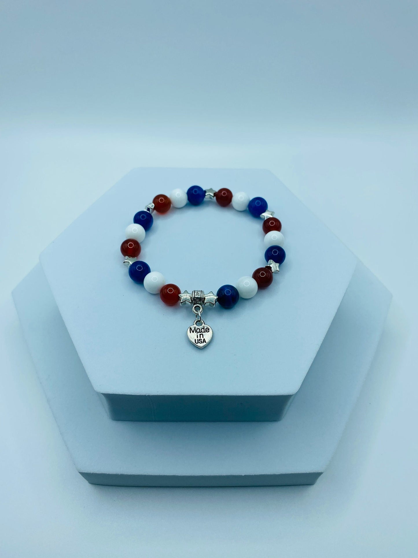 Handmade Jewelry Star Bracelet with Heart Shaped American Flag, Natural Gemstone Beads, Charm Bracelet