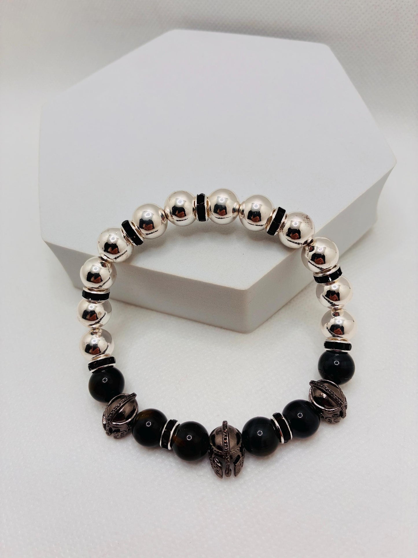 Mens Spartan Helmet Bracelet: Silver Hematite & Obsidian Gemstone Beads, Medieval Jewelry