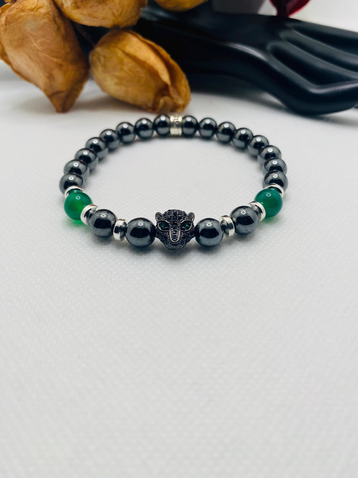 Black Panther Hematite Bracelet: Green Jade Gemstone Beads, Handmade