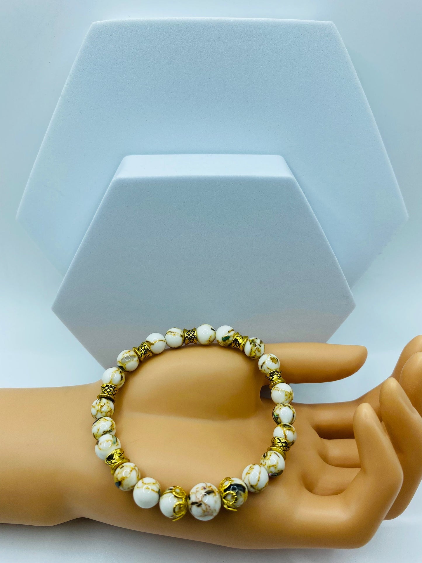 Handmade White Turquoise Bracelet: Tibetan Gold Spacers
