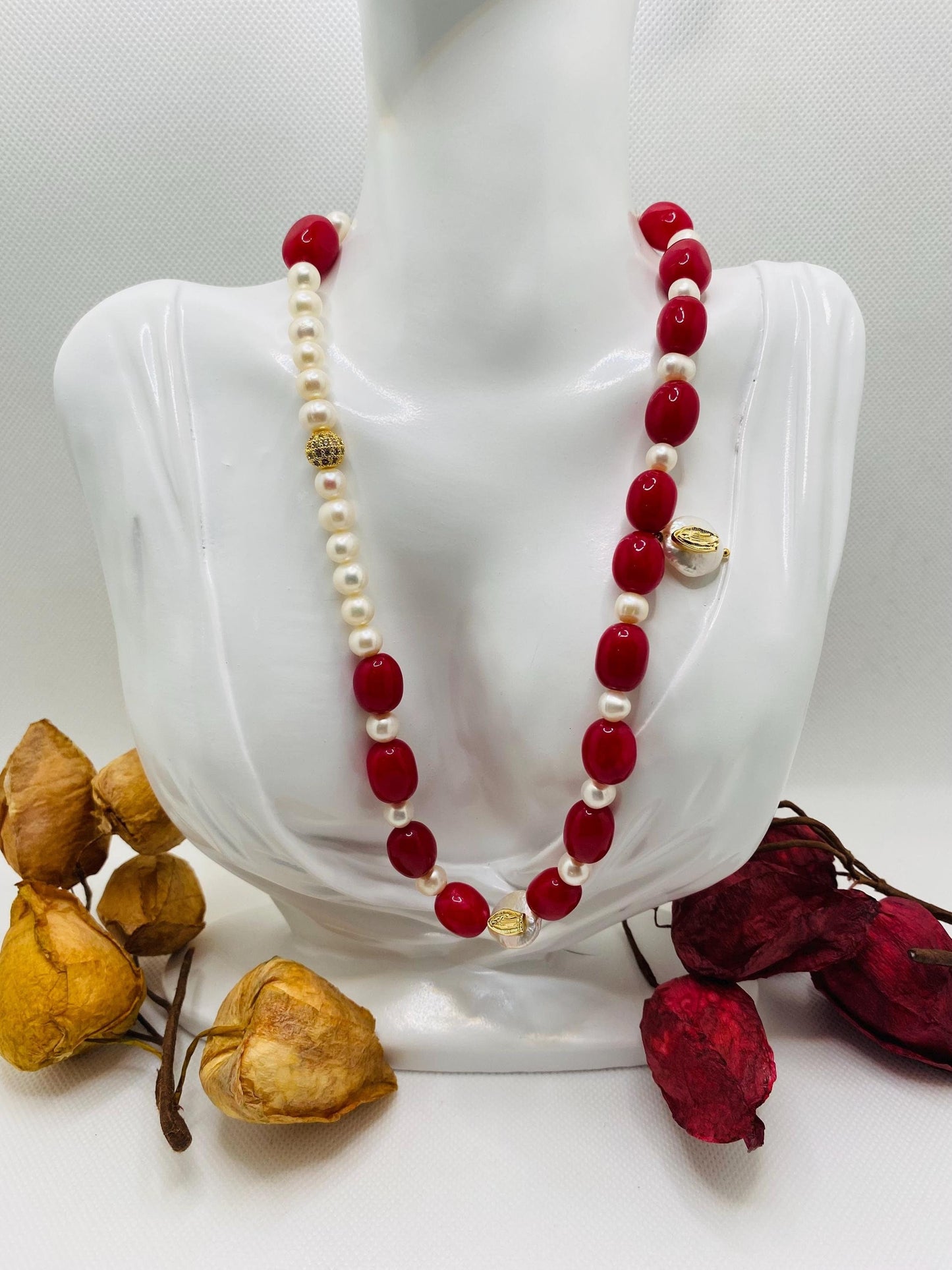 Handmade Red Jade Pearl Necklace: Virgin Mary Religious Jewelry