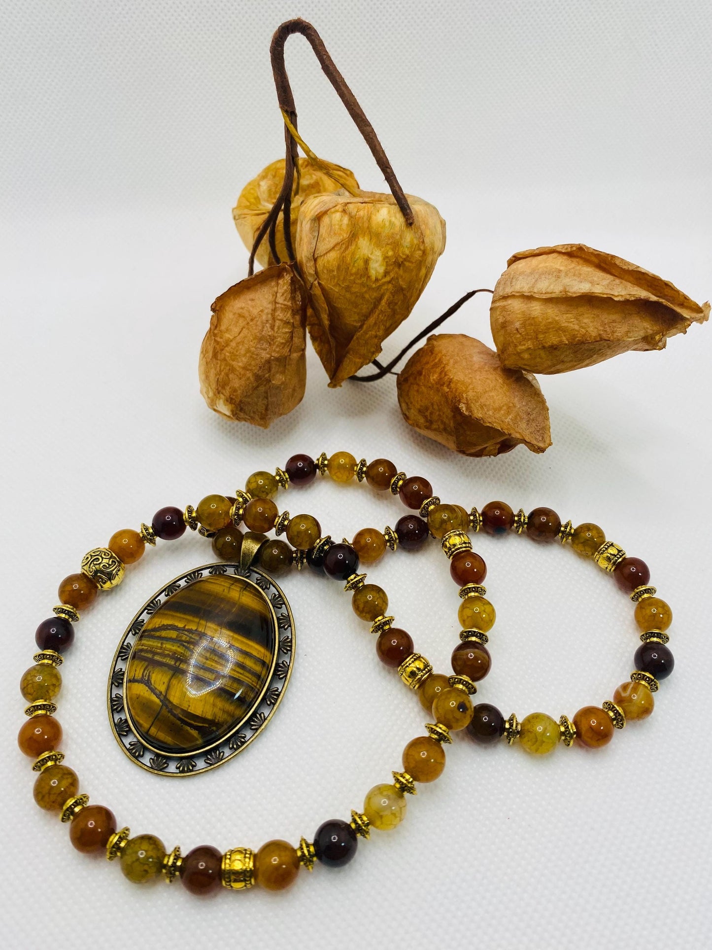Tigers Eye & Dragon Vein Agate Necklace: Tibetan Style Gemstone Jewelry