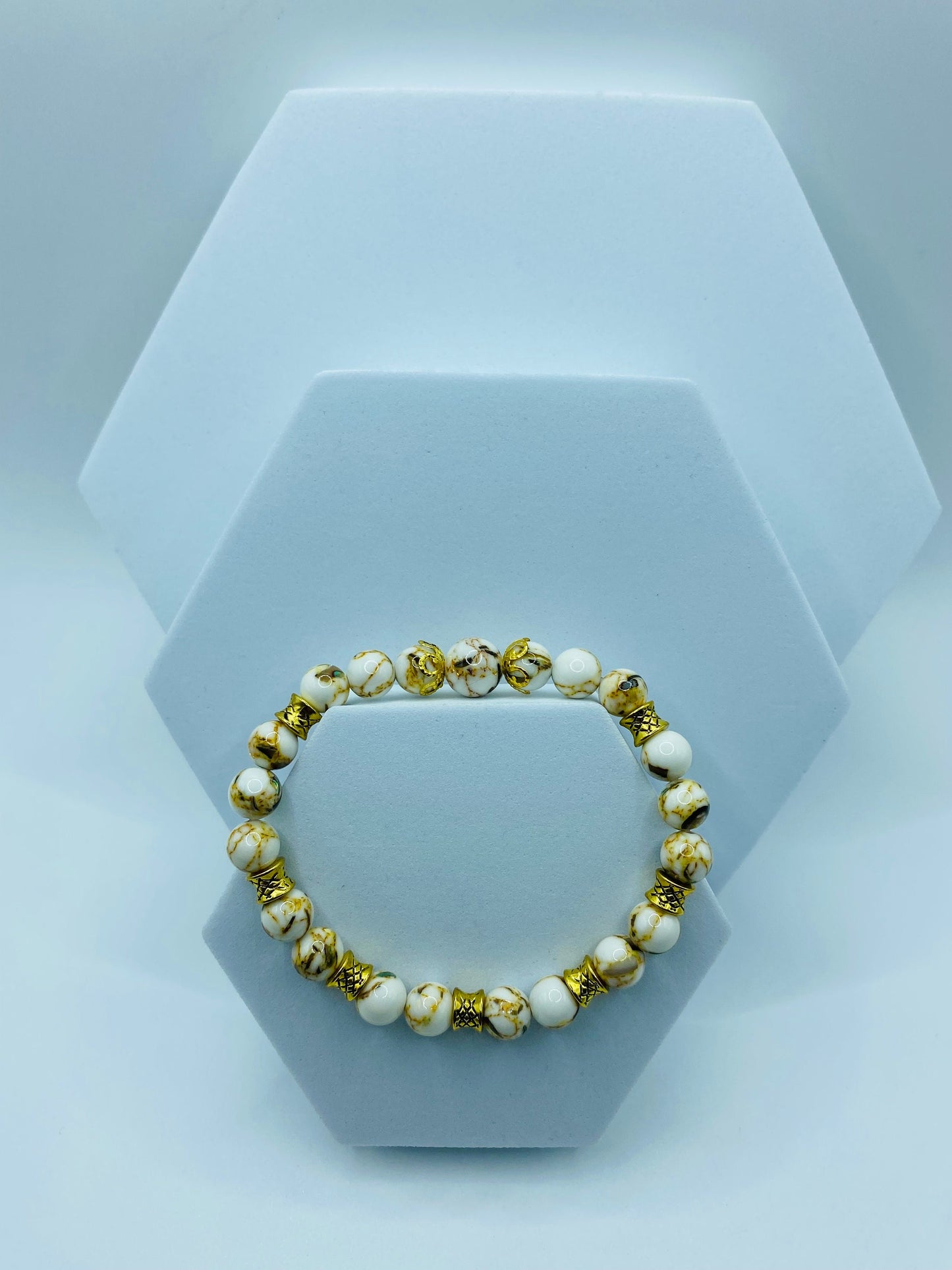 Handmade White Turquoise Bracelet: Tibetan Gold Spacers