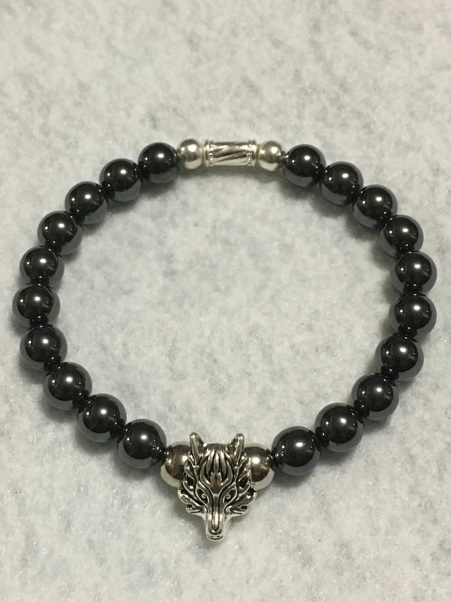 Silver Wolf Charm Bracelet with Hematite Gemstone Beads