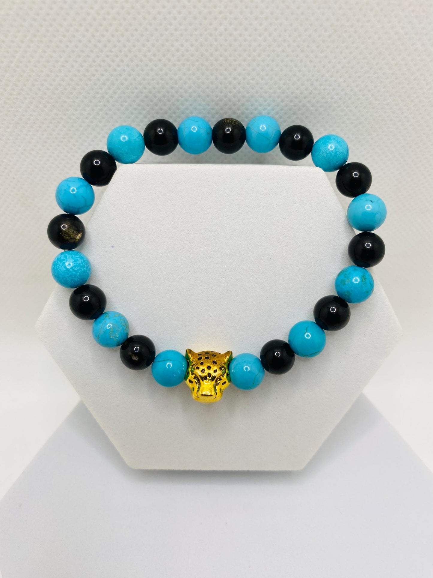 Jacksonville Jaguars Bracelet: Jade & Onyx Gemstone Beads with Gold Jaguar Charm